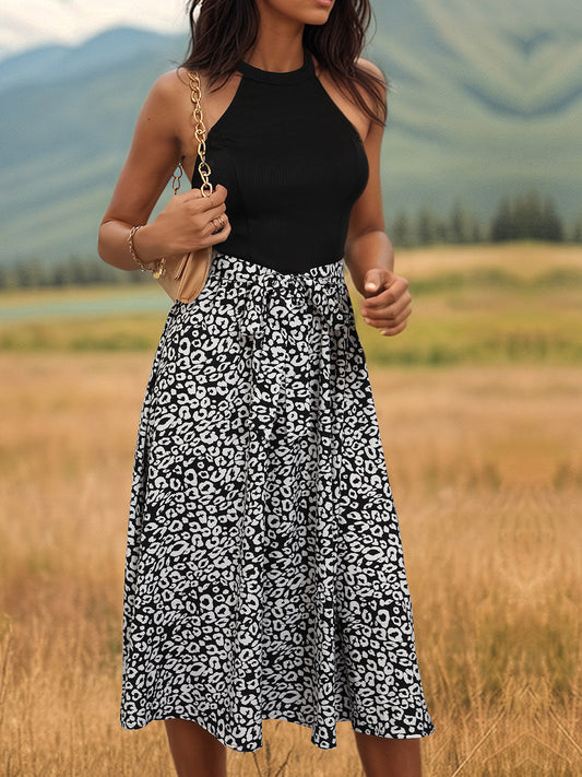 Leopard Halter Neck Midi Dress-TOPS / DRESSES-[Adult]-[Female]-Black-S-2022 Online Blue Zone Planet