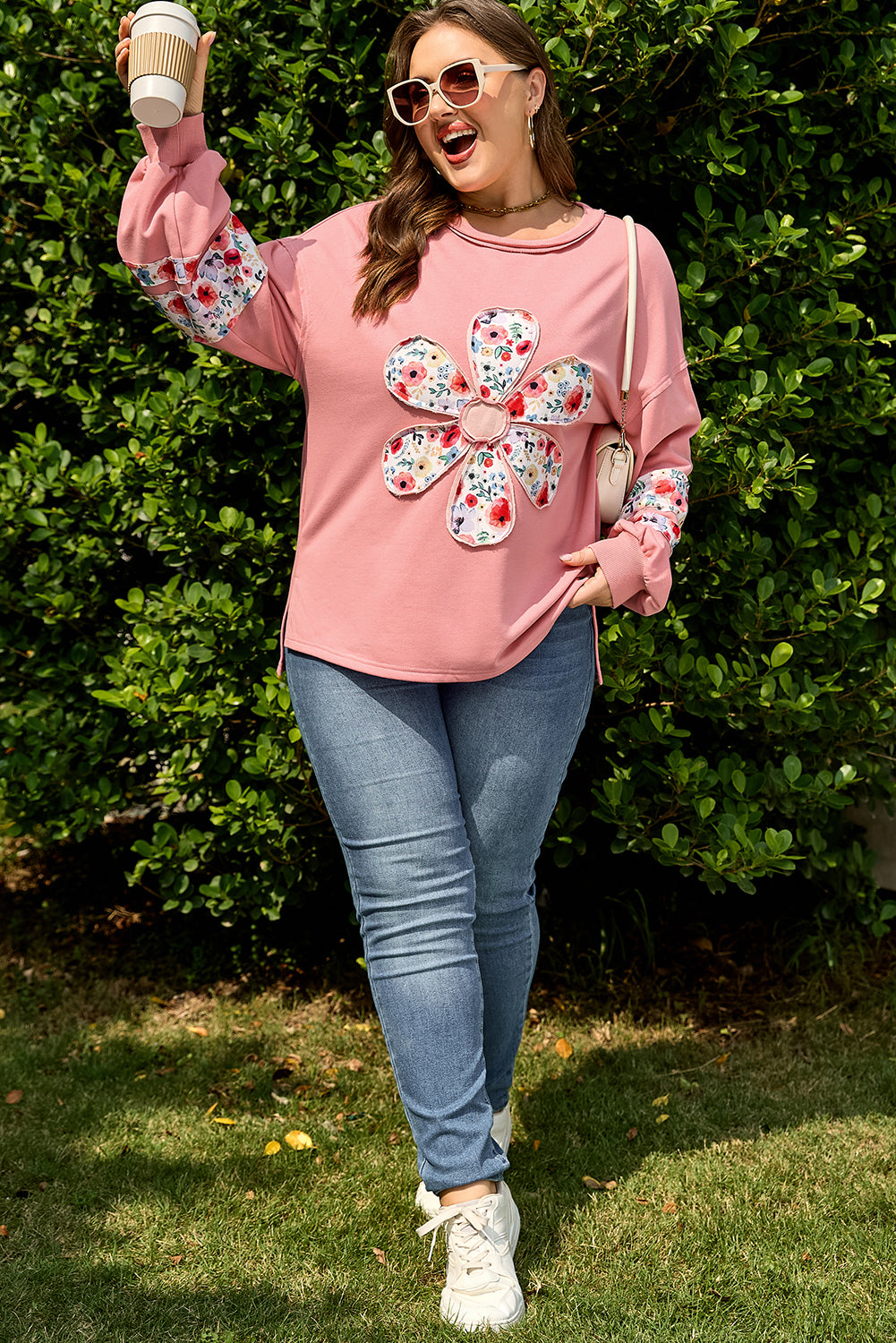 Peach Blossom Plus Size Floral Applique Drop Shoulder Sweatshirt-Plus Size/Plus Size Sweatshirts & Hoodies-[Adult]-[Female]-2022 Online Blue Zone Planet