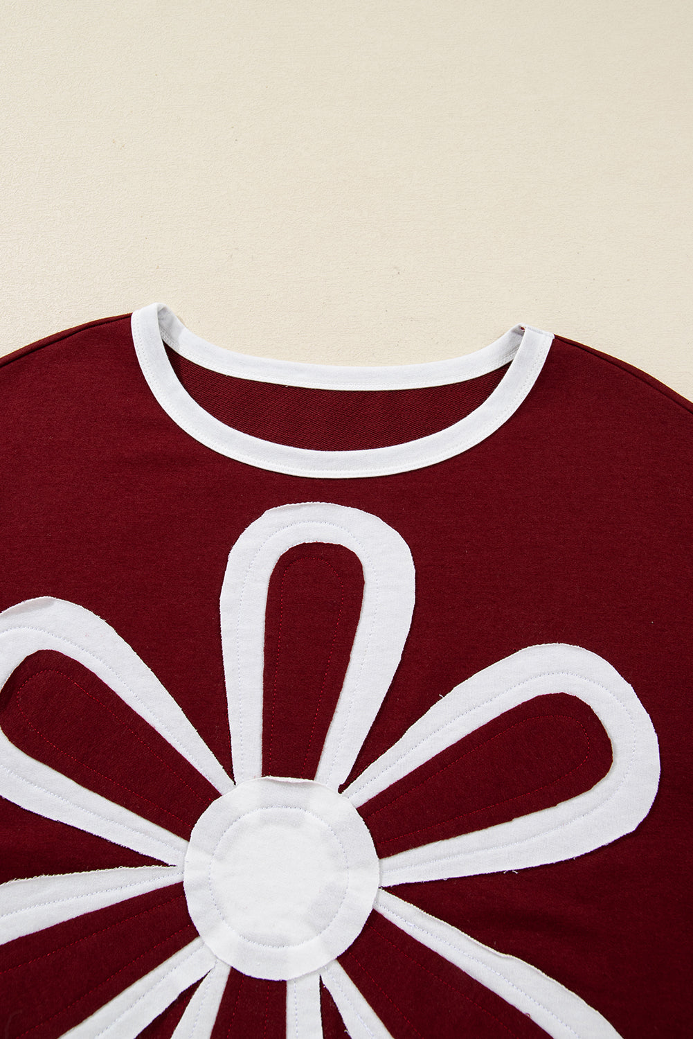 Red Dahlia Cheerful Daisy Flower Patched Round Neck Long Sleeve Top-Tops/Long Sleeve Tops-[Adult]-[Female]-2022 Online Blue Zone Planet