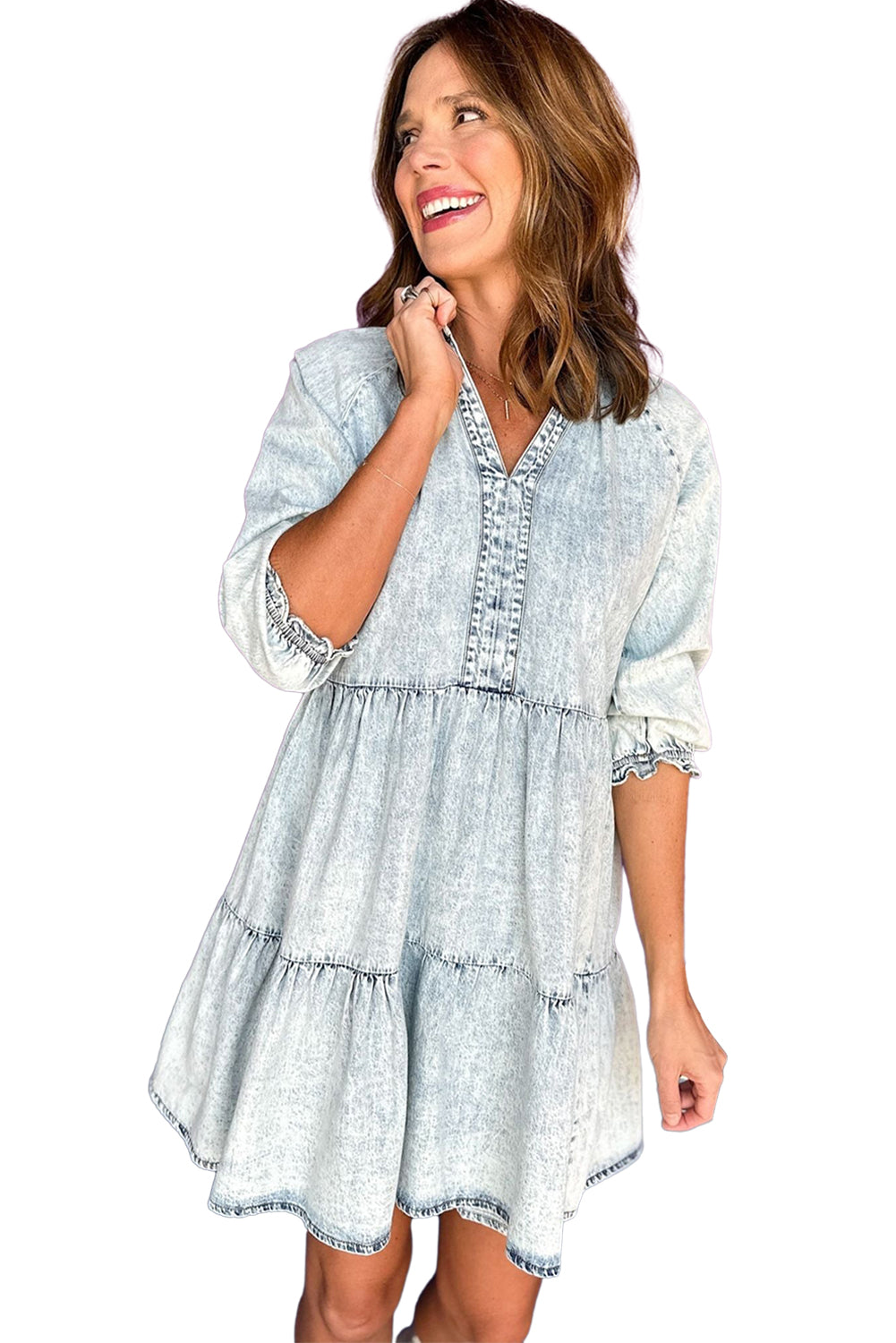 Blue Zone Planet |  Dusk Blue Acid Wash Retro Half Sleeve Flared Denim Dress Blue Zone Planet