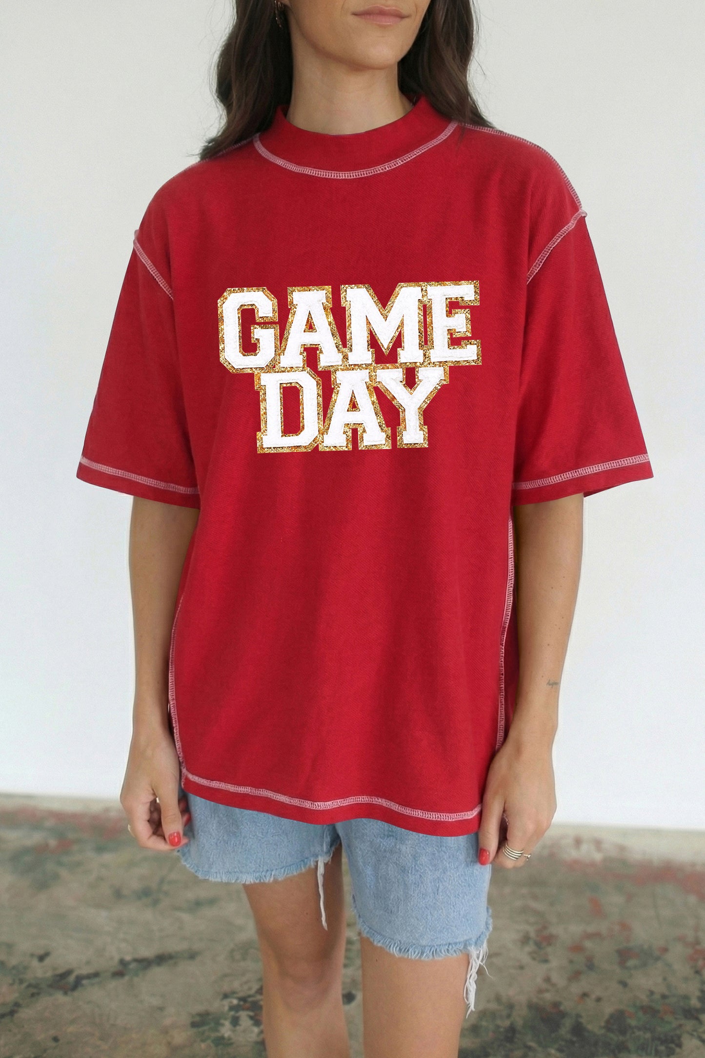 Racing Red Shiny Game Day Lettering Contrast Seam Detail Graphic Tee-Graphic/Graphic Tees-[Adult]-[Female]-2022 Online Blue Zone Planet