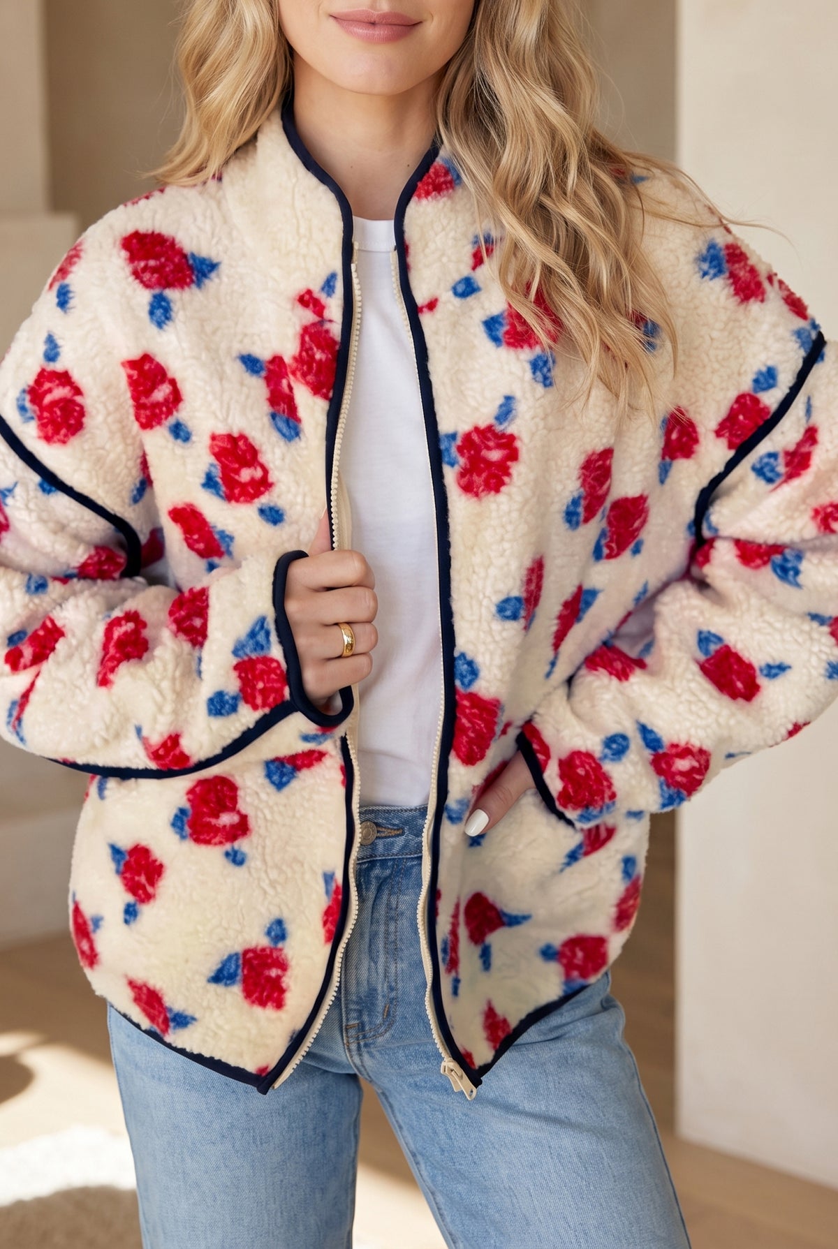 White Floral Print Zipper Stand Neck Outerwear Fleece Coat