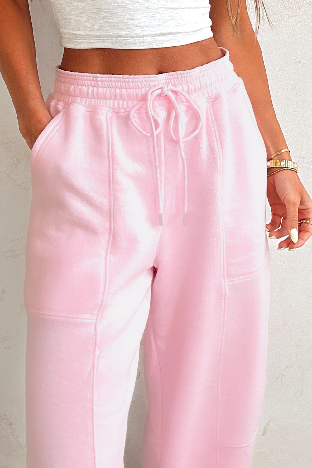 Light Pink Drawstring Waist Patchwork Solid Color Jogger Pants-Bottoms/Pants & Culotte-[Adult]-[Female]-2022 Online Blue Zone Planet
