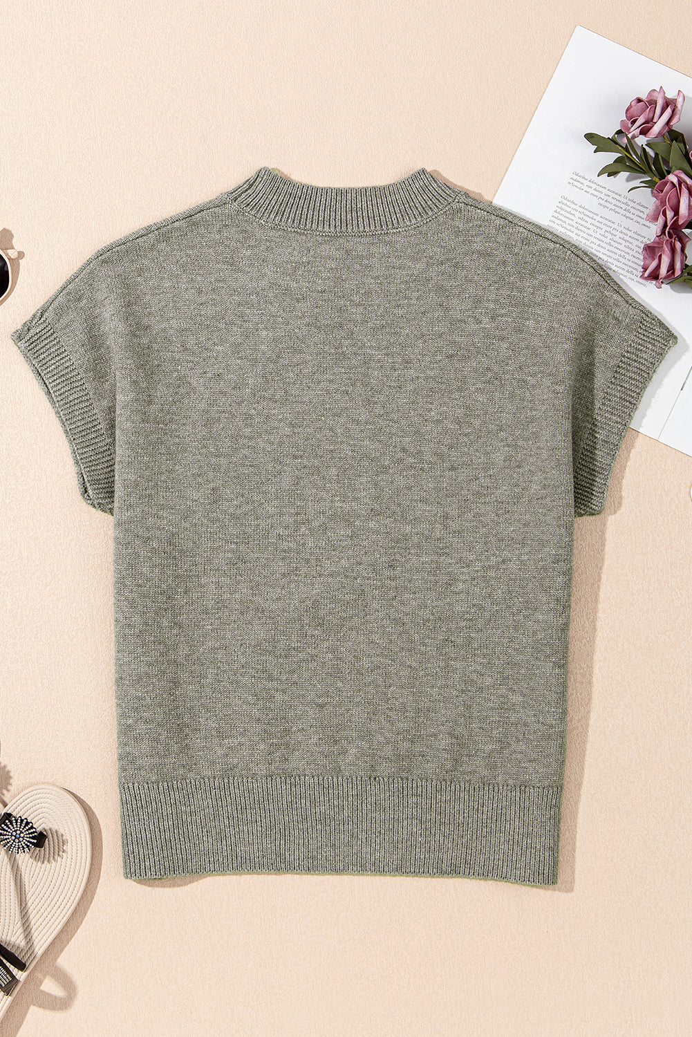 High Flower Pattern Ribbed Trim Short Sleeve Boxy Sweater-TOPS / DRESSES-[Adult]-[Female]-2022 Online Blue Zone Planet