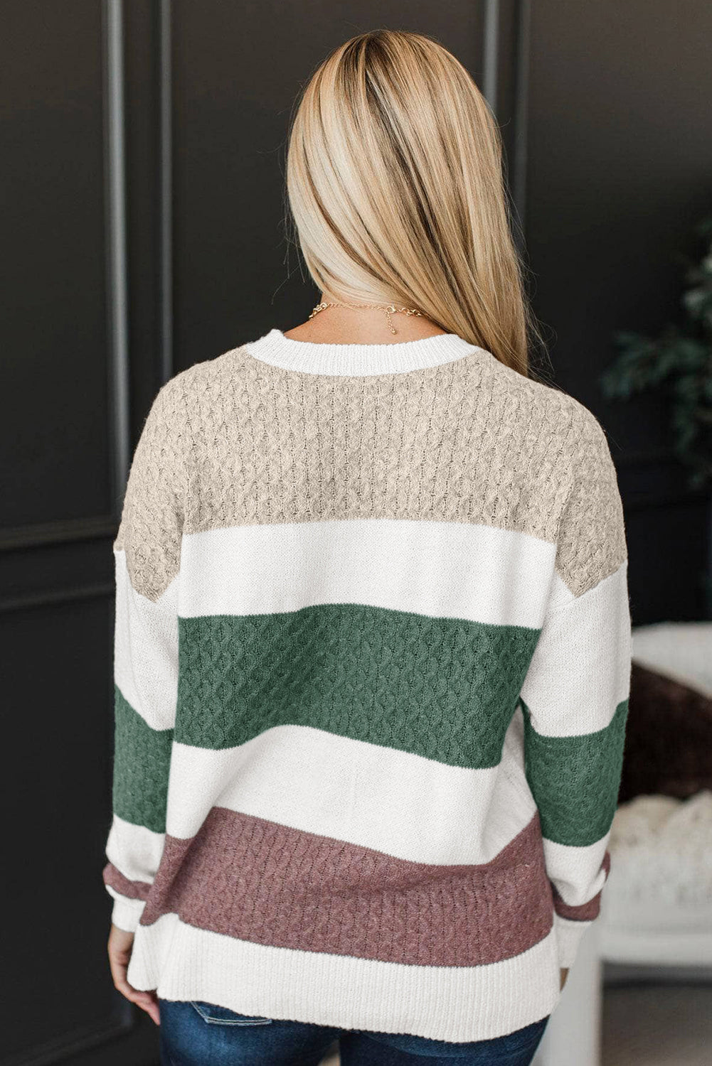 Green Mixed Texture Knit Striped Color Block Loose Sweater-Sweaters & Cardigans/Sweaters-[Adult]-[Female]-2022 Online Blue Zone Planet