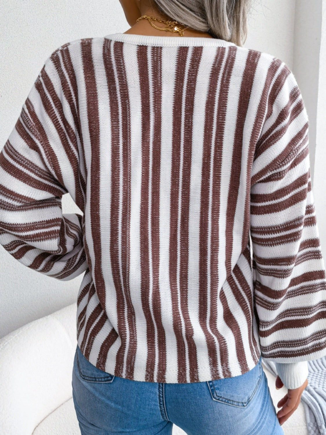 Striped Lace-Up Long Sleeve Sweater-TOPS / DRESSES-[Adult]-[Female]-2022 Online Blue Zone Planet