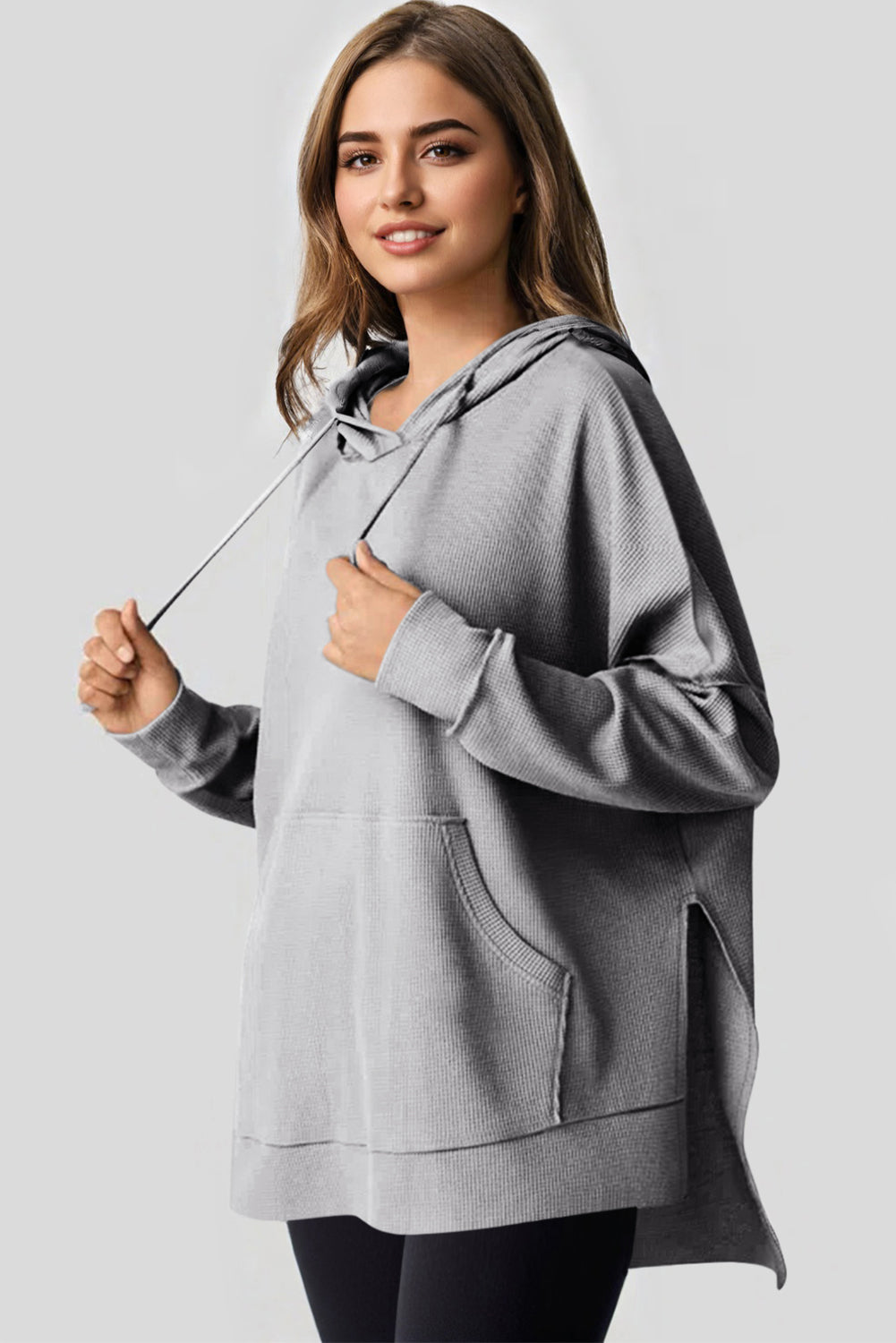 Gray Waffle Knit Fleece Lined High Low Oversized Hoodie-Tops/Sweatshirts & Hoodies-[Adult]-[Female]-2022 Online Blue Zone Planet