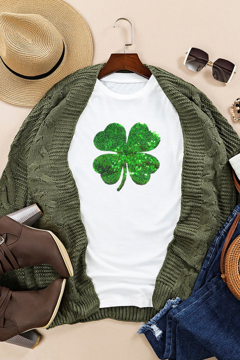 White Sequin Clover Patch Graphic St Patrick Fashion Tee-Graphic/Graphic Tees-[Adult]-[Female]-2022 Online Blue Zone Planet