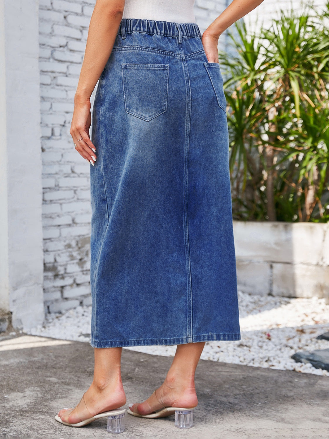 Slit Midi Denim Skirt with Pockets-BOTTOMS SIZES SMALL MEDIUM LARGE-[Adult]-[Female]-2022 Online Blue Zone Planet