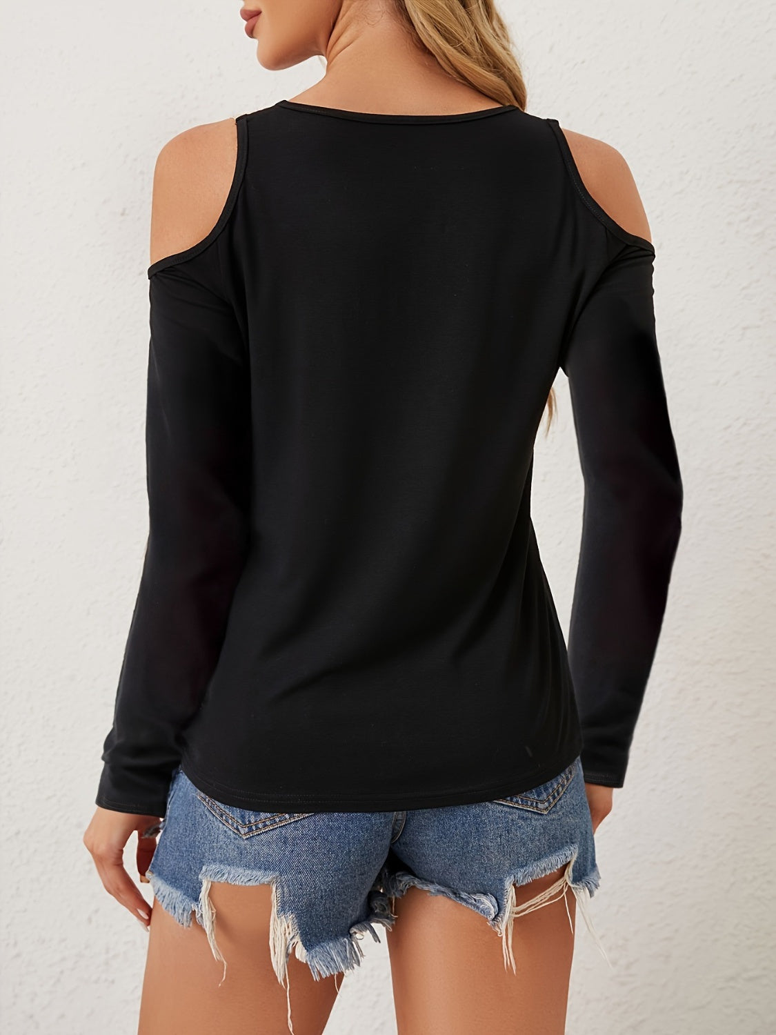 V-Neck Cold Shoulder Long Sleeve T-Shirt-TOPS / DRESSES-[Adult]-[Female]-2022 Online Blue Zone Planet