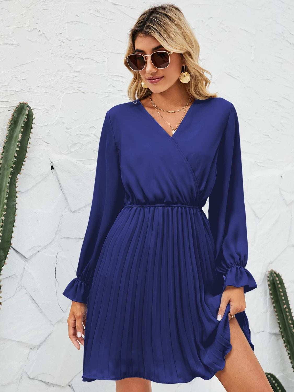 Surplice Flounce Sleeve Pleated Mini Dress-TOPS / DRESSES-[Adult]-[Female]-2022 Online Blue Zone Planet