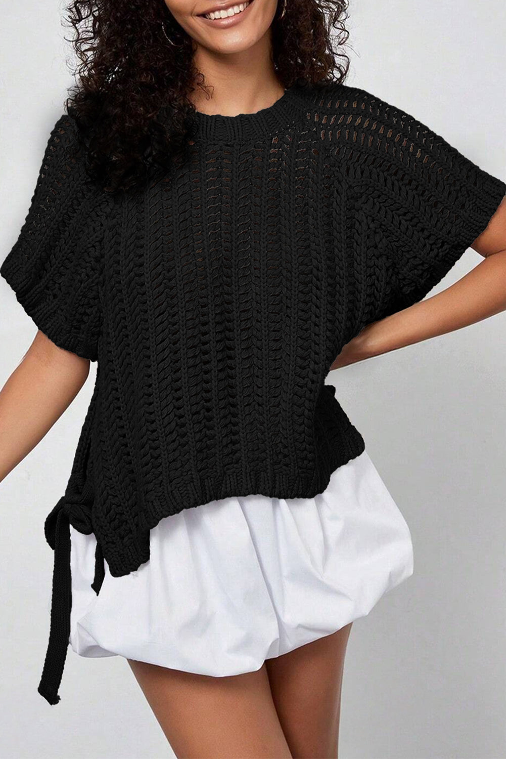 Black Plus Size Open Knit Bow Tie Short Sleeve Sweater-Plus Size/Plus Size Sweaters & Cardigans-[Adult]-[Female]-Black-L-2022 Online Blue Zone Planet
