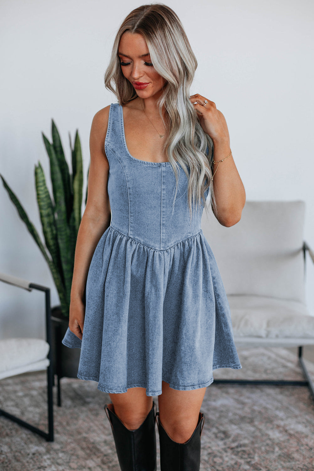 Myosotis Square Neck Bowknot A-line Sleeveless Denim Dress-TOPS / DRESSES-[Adult]-[Female]-2022 Online Blue Zone Planet