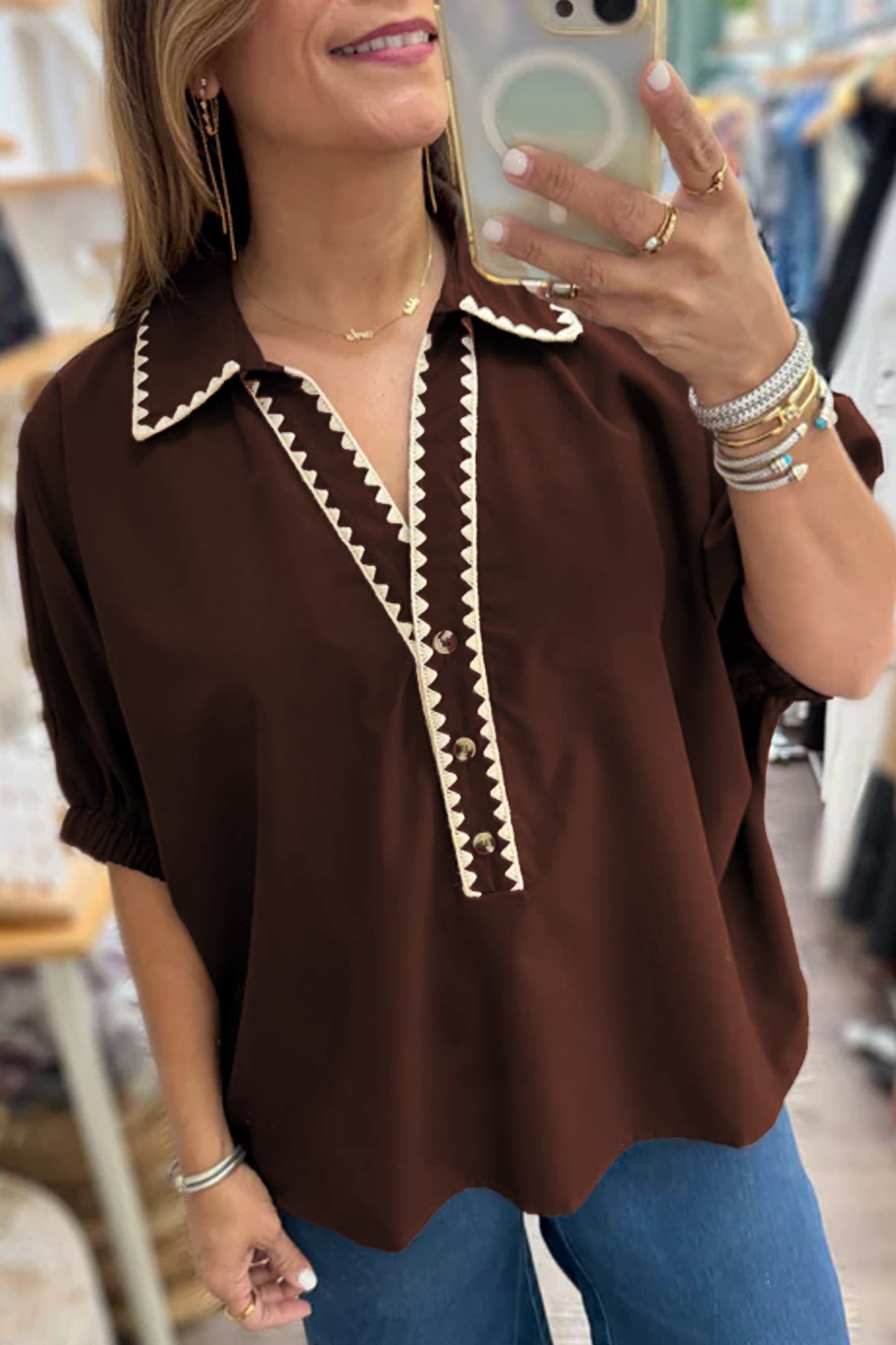 Coffee Shirt Collar Contrast Trim Button V Neck Short Sleeve Blouse-Tops/Blouses & Shirts-[Adult]-[Female]-2022 Online Blue Zone Planet