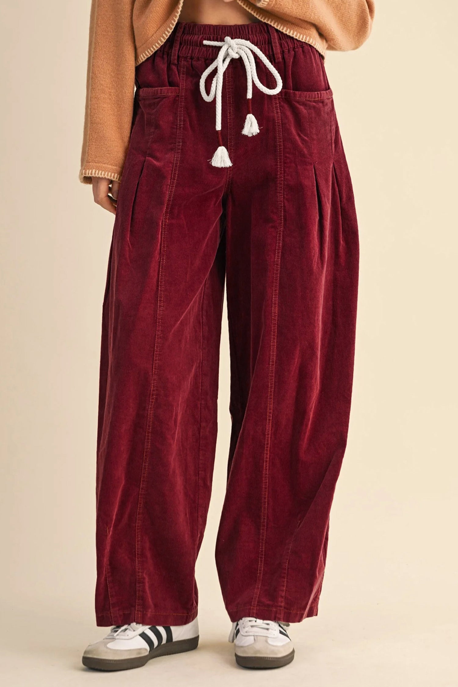 Racing Red Elastic Waist Drawstring Corduroy Casual Pants-Bottoms/Pants & Culotte-[Adult]-[Female]-2022 Online Blue Zone Planet