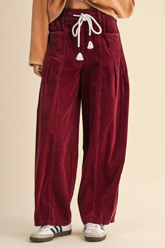 Racing Red Elastic Waist Drawstring Corduroy Casual Pants-Bottoms/Pants & Culotte-[Adult]-[Female]-2022 Online Blue Zone Planet