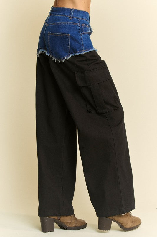 Davi & Dani Denim Patchwork Wide Leg Pants with Cargo Pockets-BOTTOM SIZES SMALL MEDIUM LARGE-[Adult]-[Female]-2022 Online Blue Zone Planet