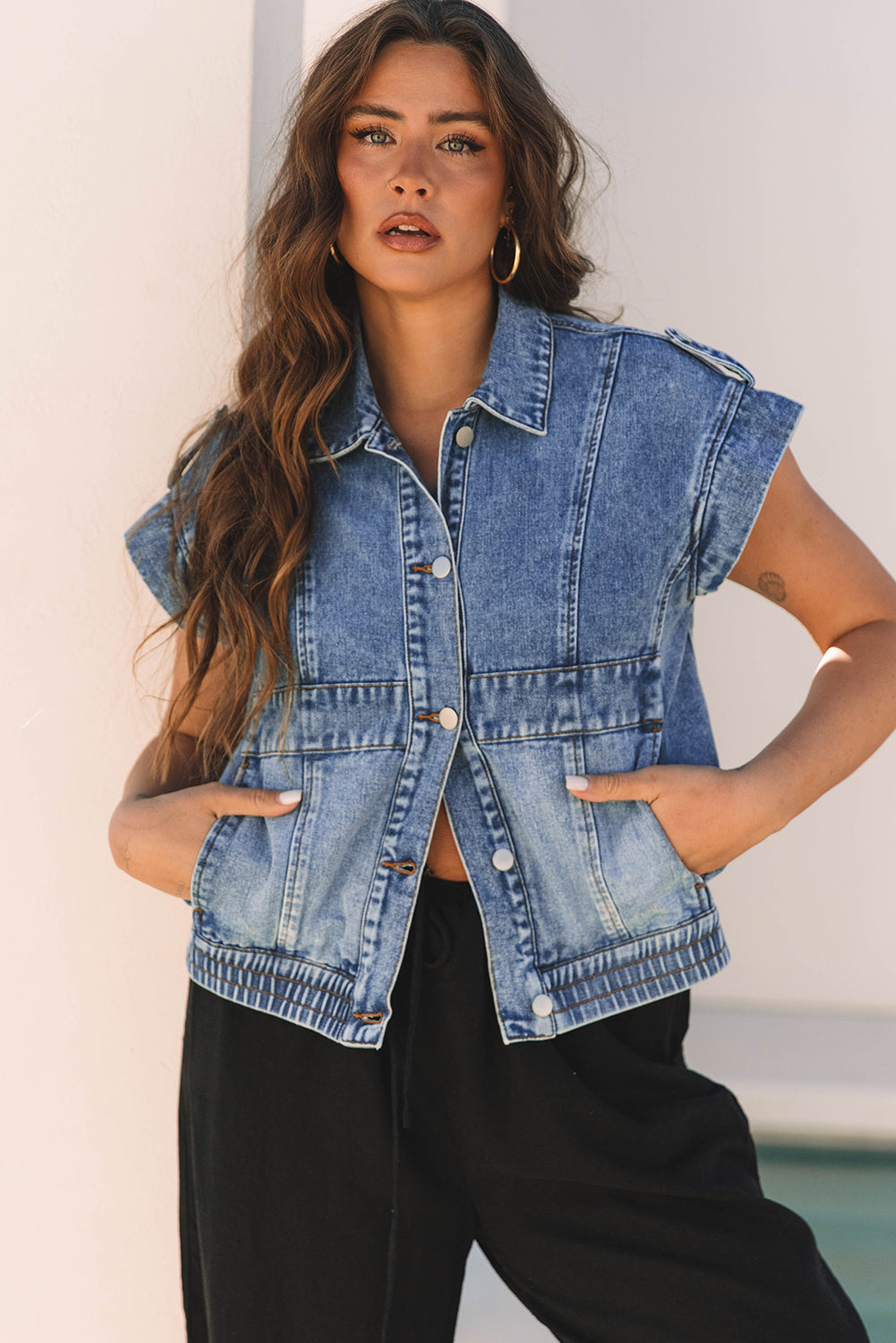 Ashleigh Blue Acid Wash Elastic Hem Button Up Denim Vest-Outerwear/Vests-[Adult]-[Female]-2022 Online Blue Zone Planet