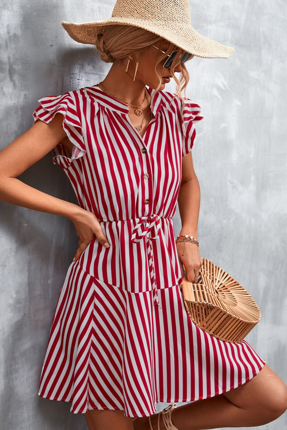 Ruffled Striped Cap Sleeve Mini Dress-TOPS / DRESSES-[Adult]-[Female]-2022 Online Blue Zone Planet