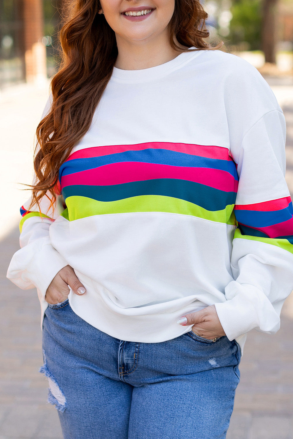 Blue Zone Planet | White Plus Size Colorful Striped Drop Shoulder Loose Sweatshirt-Plus Size/Plus Size Sweatshirts & Hoodies-[Adult]-[Female]-2022 Online Blue Zone Planet