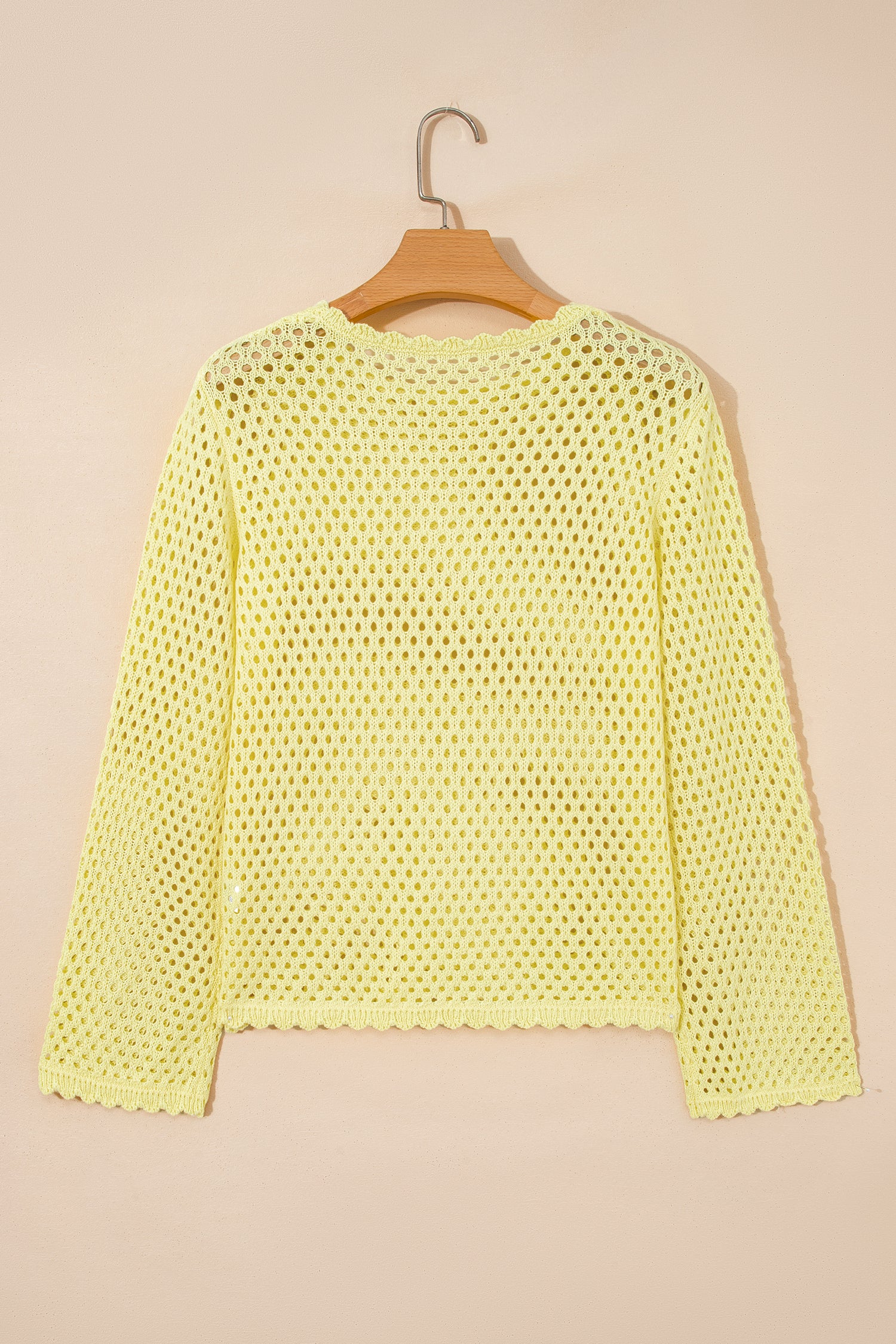 Yellow Cream Scalloped Trim Hollow Out Knit Long Sleeve Top-Sweaters & Cardigans/Sweaters-[Adult]-[Female]-2022 Online Blue Zone Planet