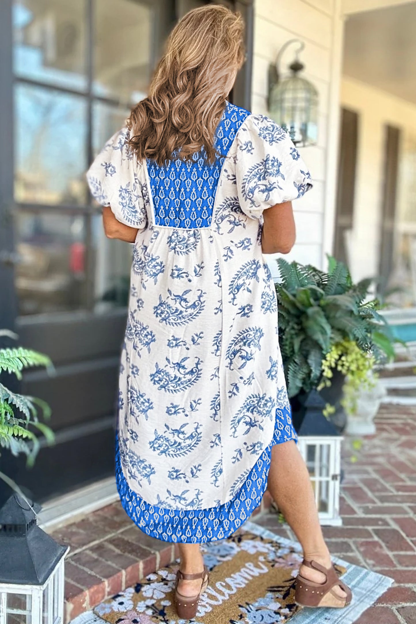 Sky Blue Plus Size Floral Print Contrast Boho Patchwork V Neck Loose Midi Dress-Plus Size/Plus Size Dresses/Plus Size Midi Dresses-[Adult]-[Female]-2022 Online Blue Zone Planet