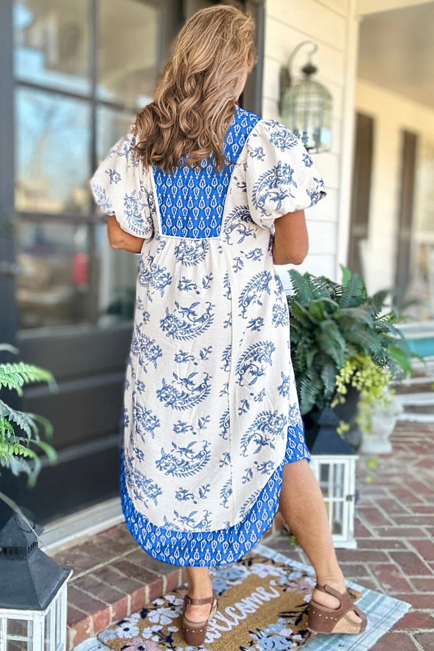 Sky Blue Plus Size Floral Print Contrast Boho Patchwork V Neck Loose Midi Dress-Plus Size/Plus Size Dresses/Plus Size Midi Dresses-[Adult]-[Female]-2022 Online Blue Zone Planet