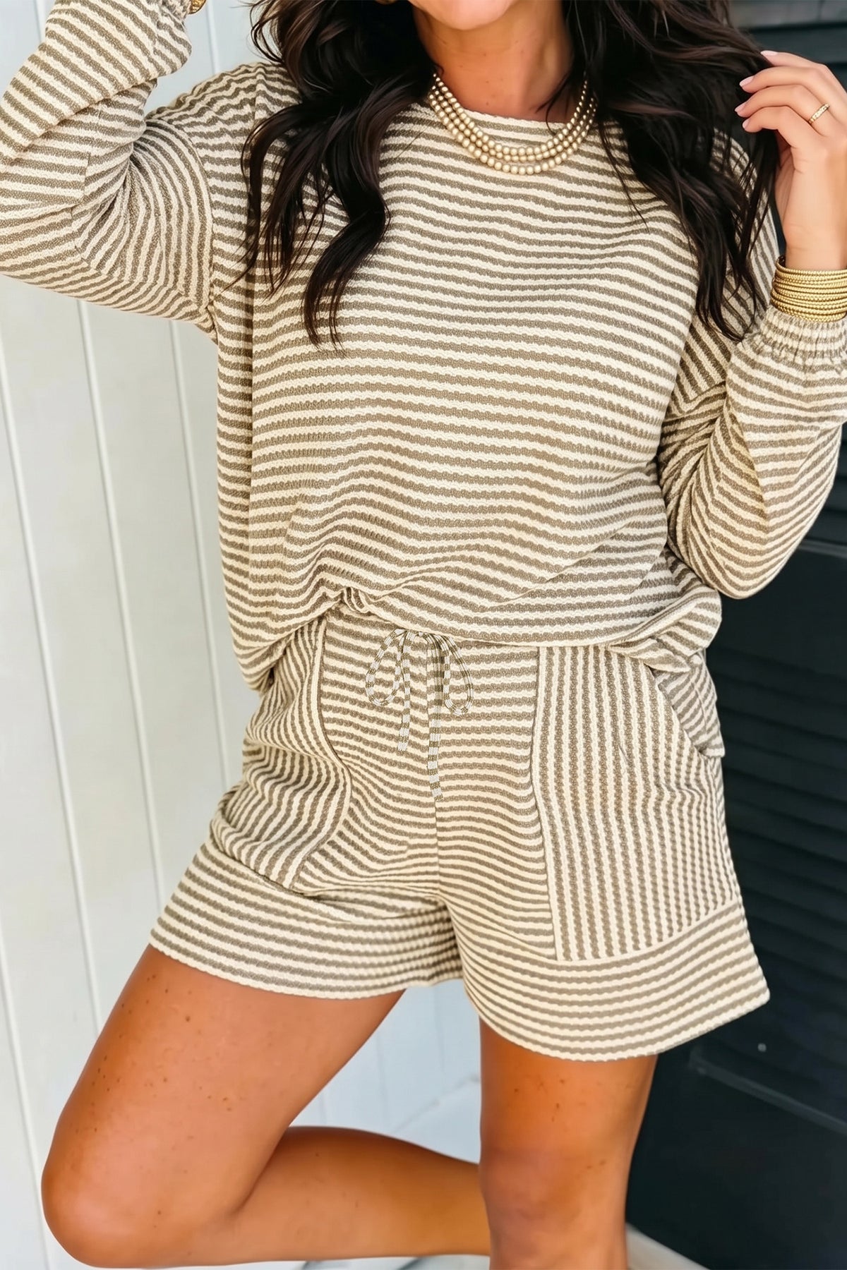 Brown Stripe Textured Knit Long Sleeve Top Elastic Waist Shorts Casual Outfit-Two Piece Sets/Short Sets-[Adult]-[Female]-2022 Online Blue Zone Planet