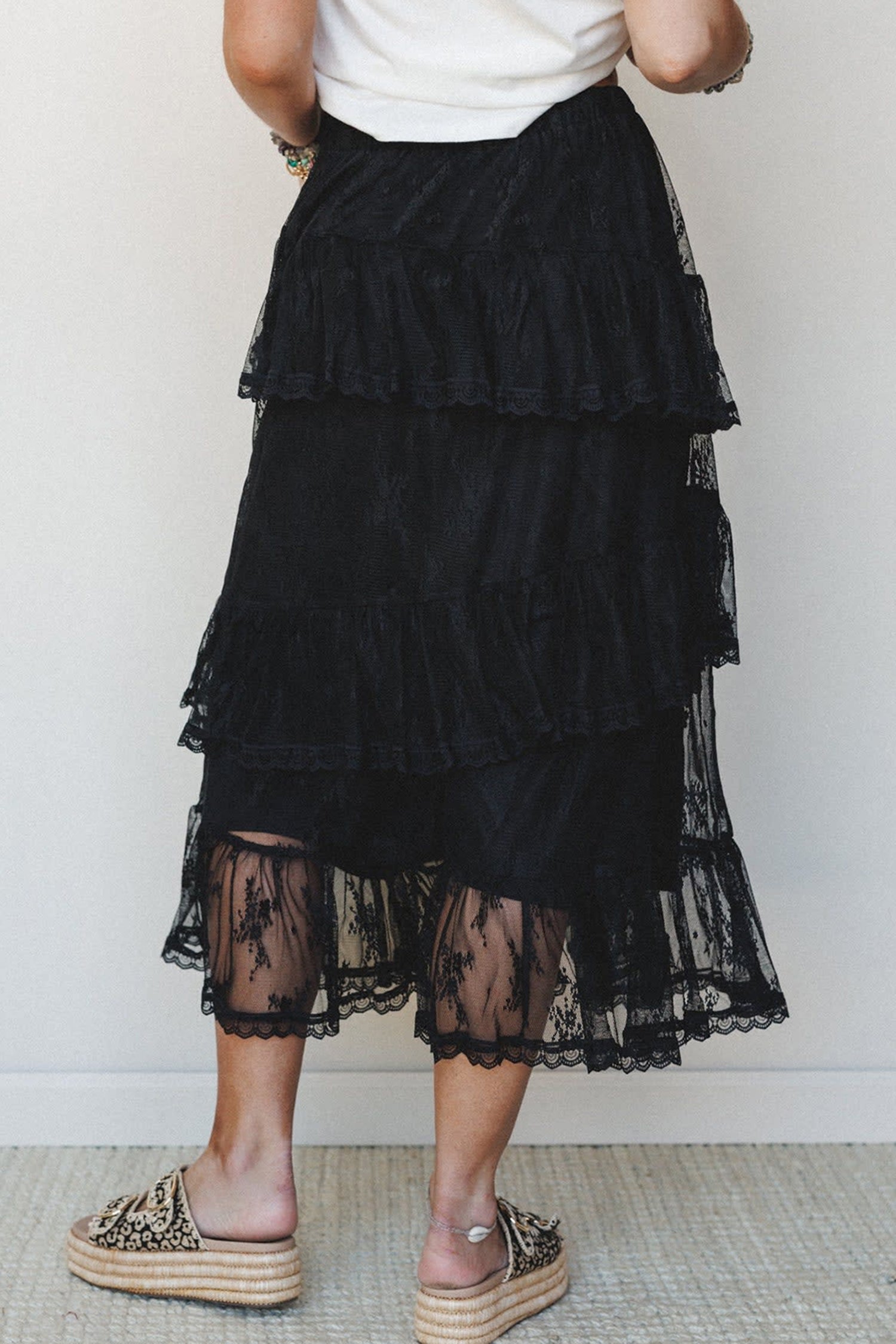 Black Elegant Ruffle Lace Tiered Skirt-Bottoms/Skirts & Petticoat-[Adult]-[Female]-2022 Online Blue Zone Planet