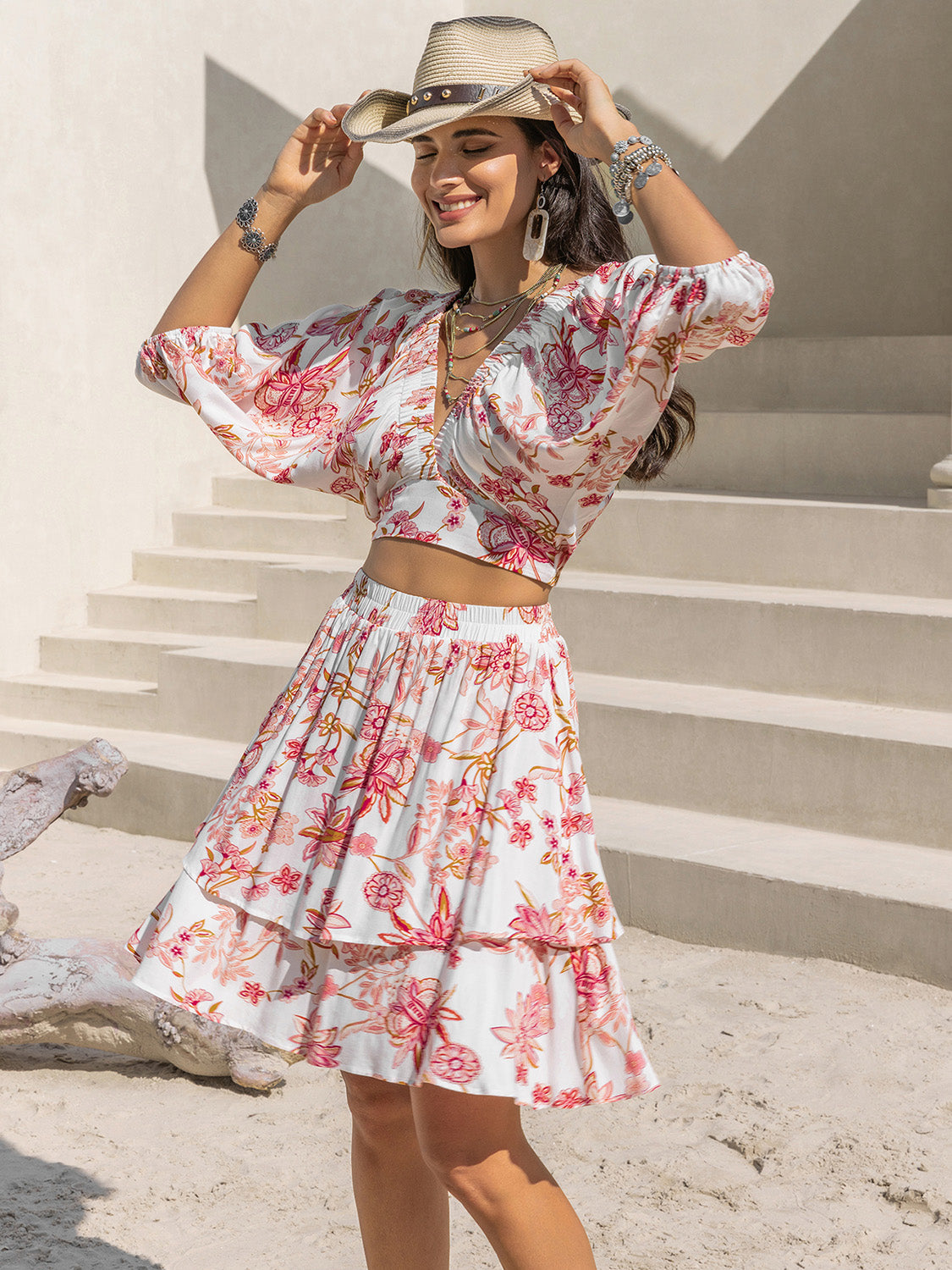 Printed Half Sleeve Top and Layered Skirt Set-BOTTOMS SIZES SMALL MEDIUM LARGE-[Adult]-[Female]-Blush Pink-S-2022 Online Blue Zone Planet