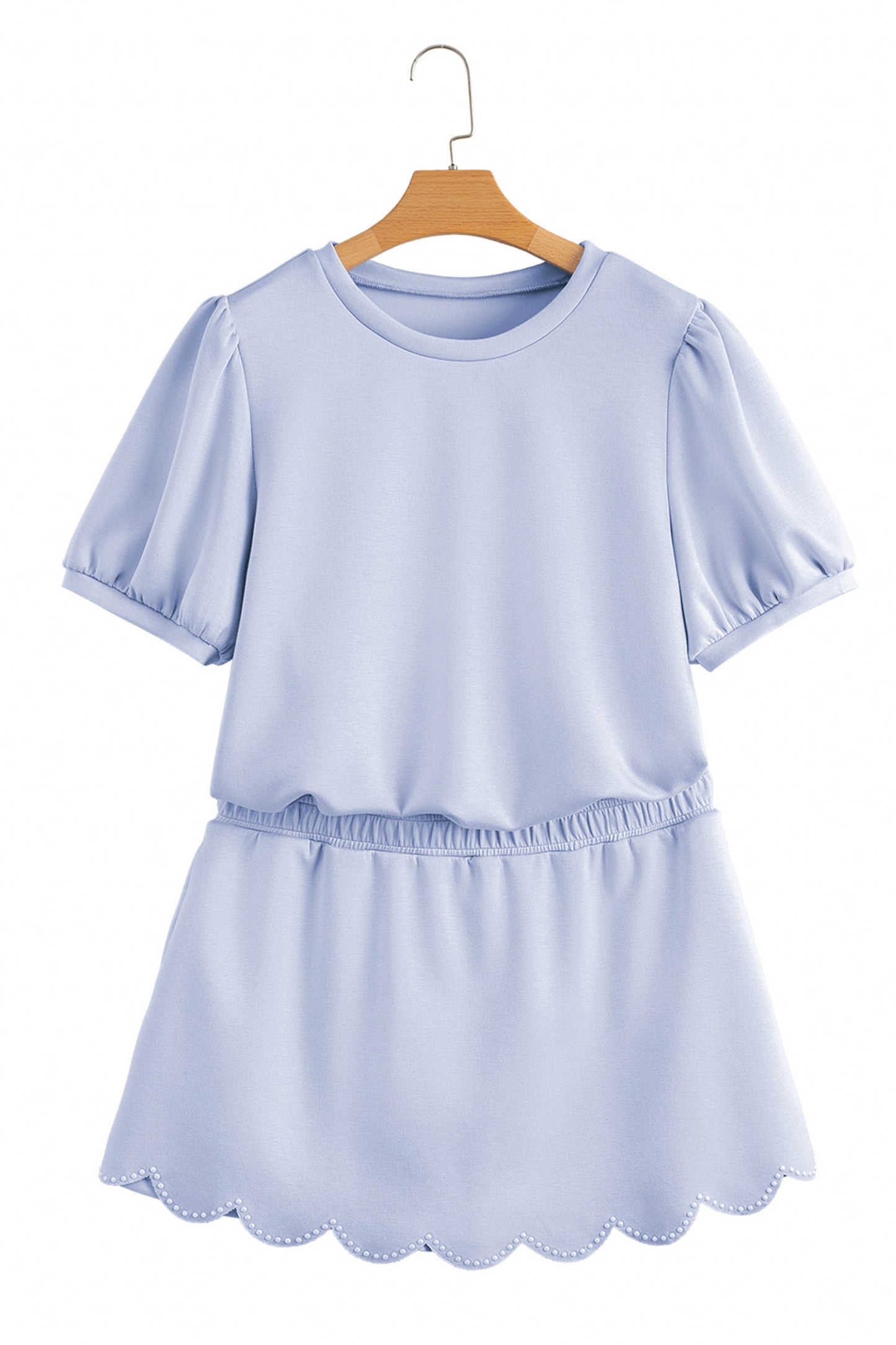 Beau Blue Puff Sleeve Pearl Embellished Scallop Trim Top 2 Piece Skort Set-Two Piece Sets/Two Piece Dresses-[Adult]-[Female]-2022 Online Blue Zone Planet