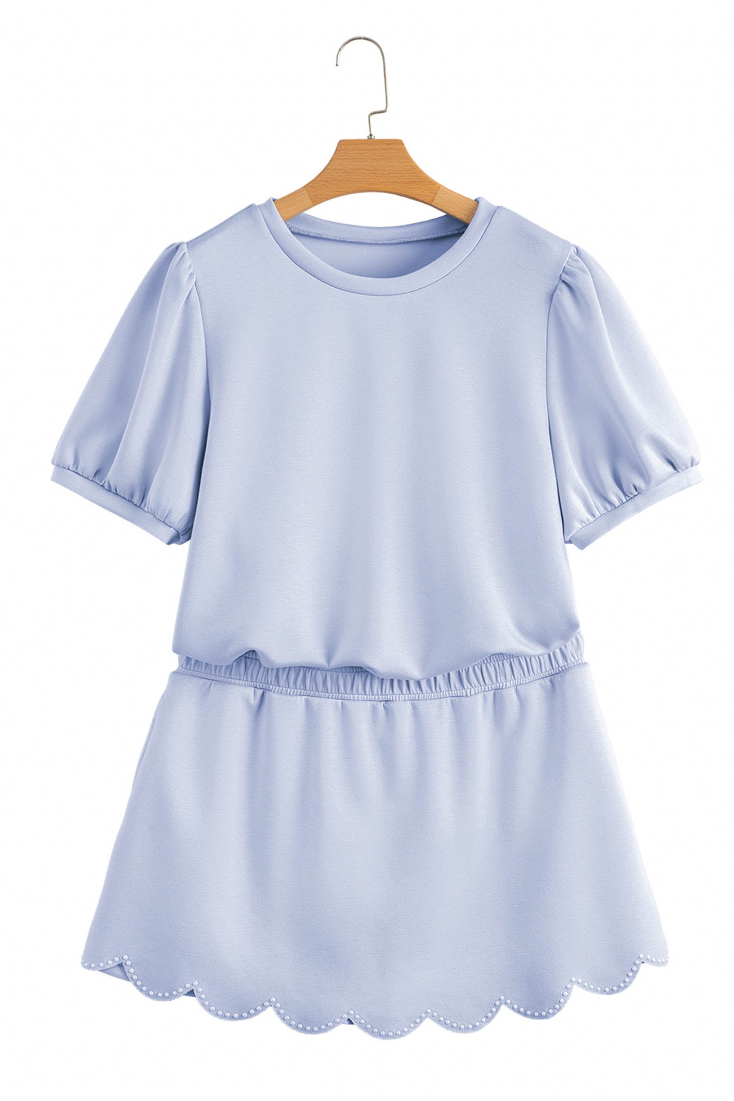 Beau Blue Puff Sleeve Pearl Embellished Scallop Trim Top 2 Piece Skort Set-Two Piece Sets/Two Piece Dresses-[Adult]-[Female]-2022 Online Blue Zone Planet