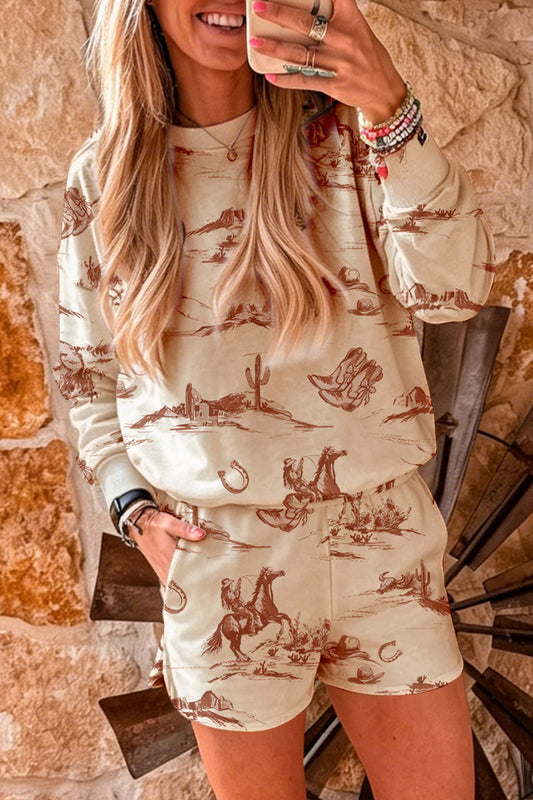 Beige Western Print Loose Fit Long Sleeve Top Short Set-Two Piece Sets/Short Sets-[Adult]-[Female]-Beige-S-2022 Online Blue Zone Planet