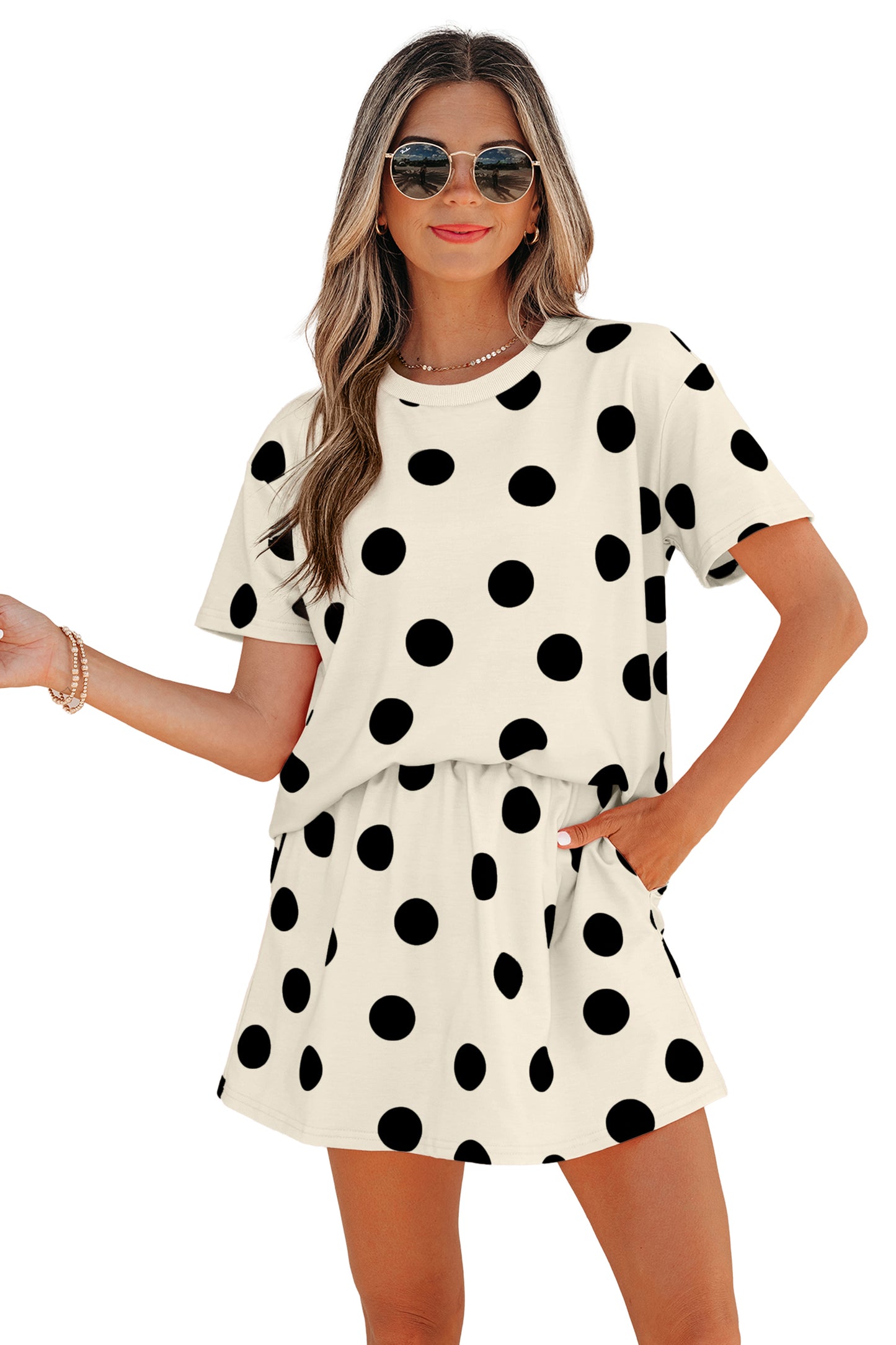White Polka Dot Short Sleeve Top Casual Skort 2pcs Outfit-Two Piece Sets/Two Piece Dresses-[Adult]-[Female]-2022 Online Blue Zone Planet