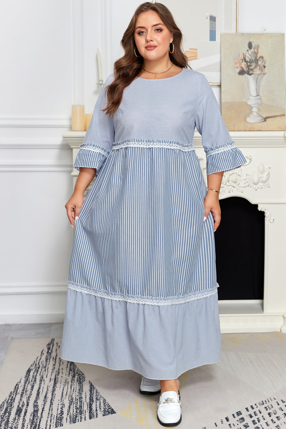 Sky Blue Stripe Crisscross Lace Detail Mixed Striped Patchwork Plus Size Shift Long Dress-TOPS / DRESSES-[Adult]-[Female]-2022 Online Blue Zone Planet