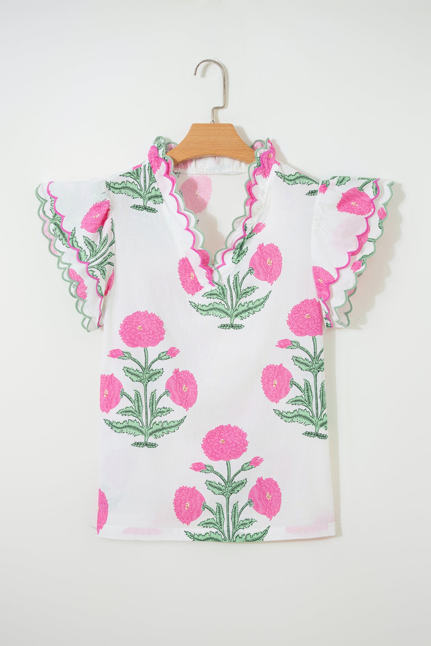 Pink Wild Flower Print Contrast Trim Scallop Detail Short Sleeve Blouse-Tops/Blouses & Shirts-[Adult]-[Female]-2022 Online Blue Zone Planet