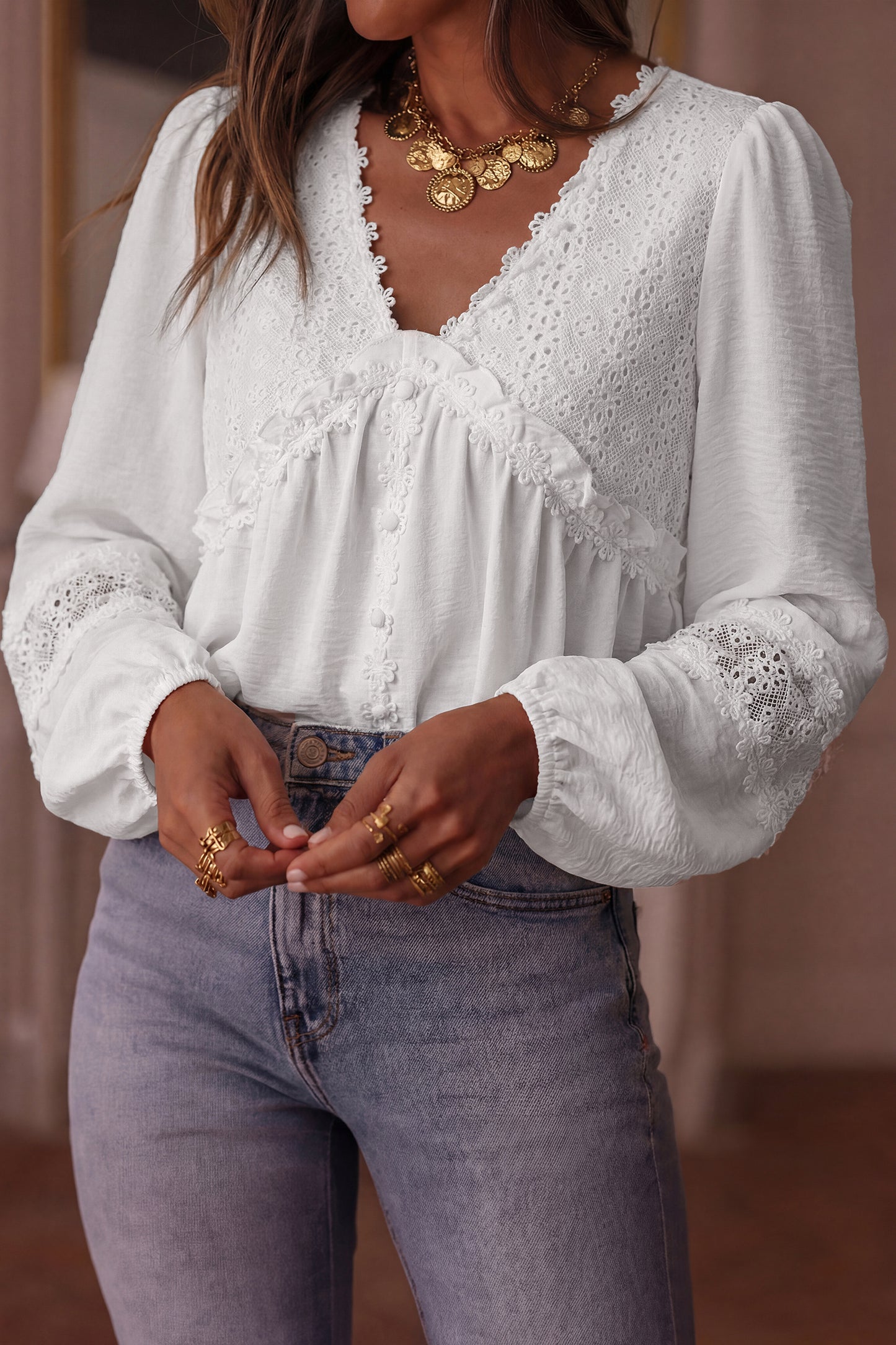 White Solid Color Floral Guipure Lace Patchwork Frilled Long Sleeve Blouse-Tops/Blouses & Shirts-[Adult]-[Female]-2022 Online Blue Zone Planet