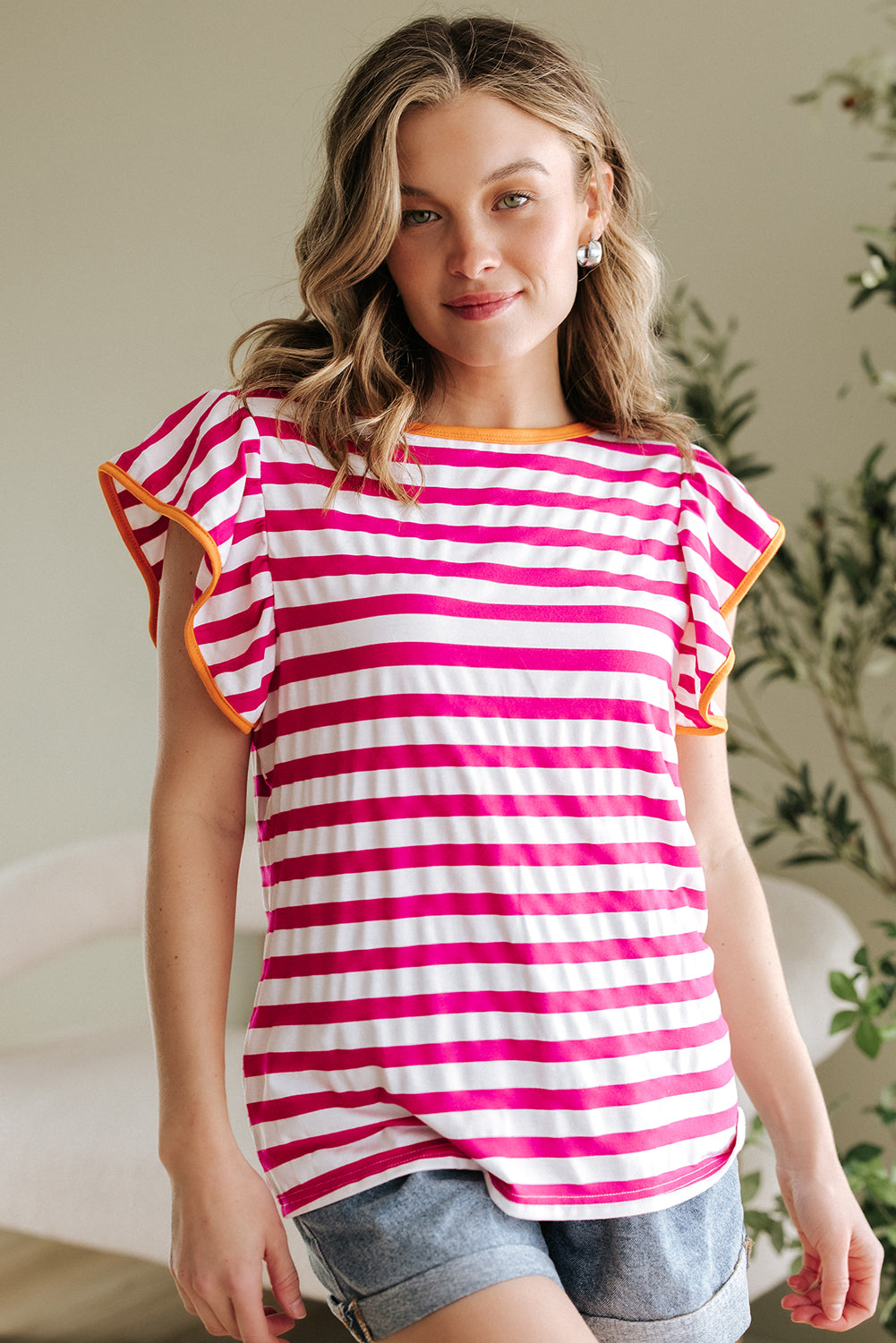Rose Red Striped Ruffle Sleeve Crew Neck Blouse-Tops/Blouses & Shirts-[Adult]-[Female]-2022 Online Blue Zone Planet