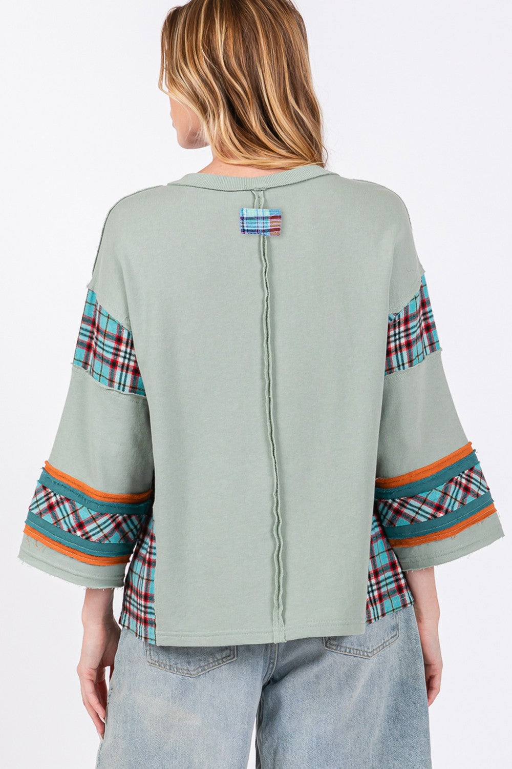 Blue Zone Planet | SAGE + FIG Peace Applique Patch Contrast Plaid Top-TOPS / DRESSES-[Adult]-[Female]-2022 Online Blue Zone Planet