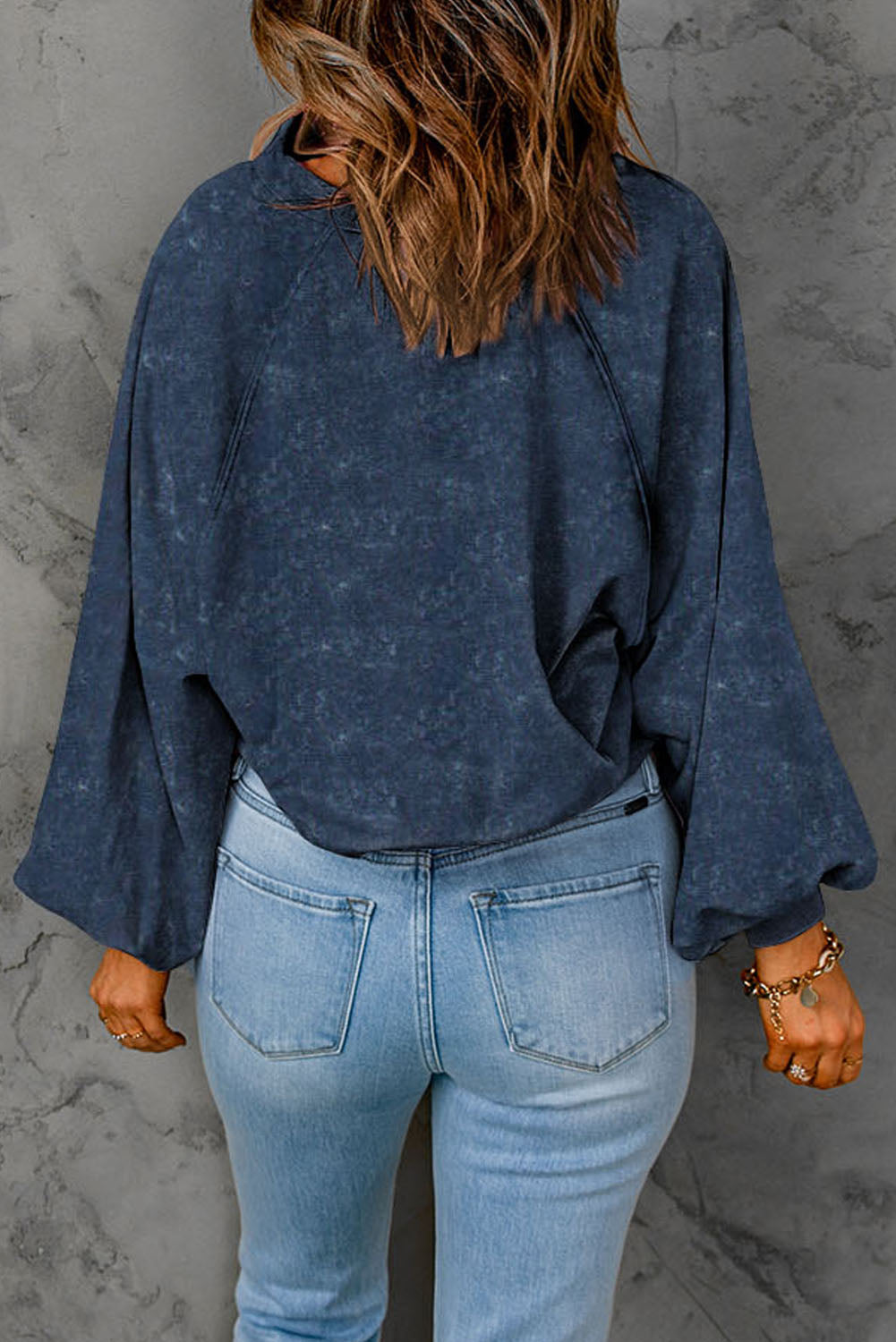 Blue Washed Snap Buttons Lantern Sleeve Pullover Sweatshirt-Tops/Sweatshirts & Hoodies-[Adult]-[Female]-2022 Online Blue Zone Planet