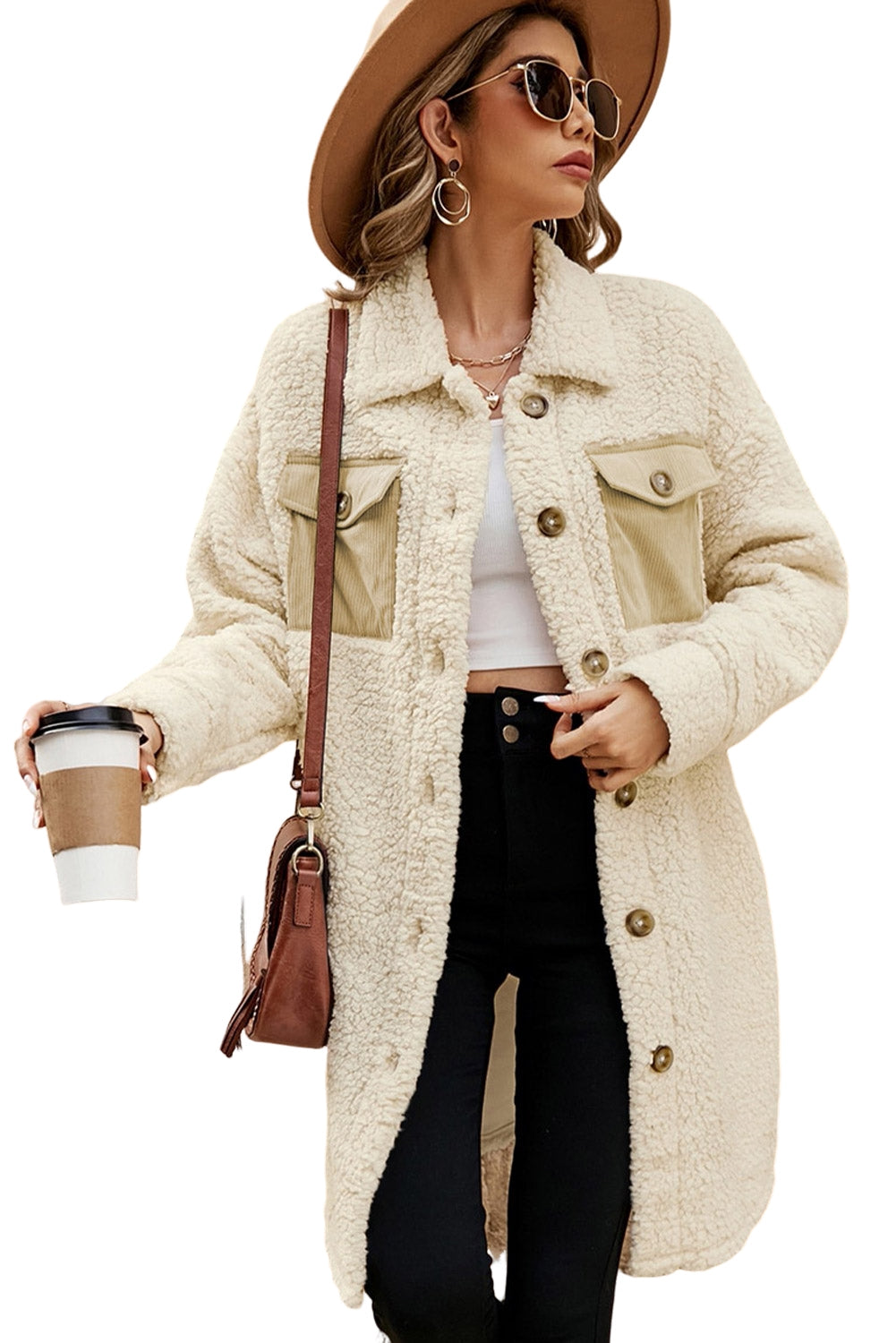 Khaki Contrast Flap Pocket Single Breasted Teddy Coat-Coats-[Adult]-[Female]-2022 Online Blue Zone Planet