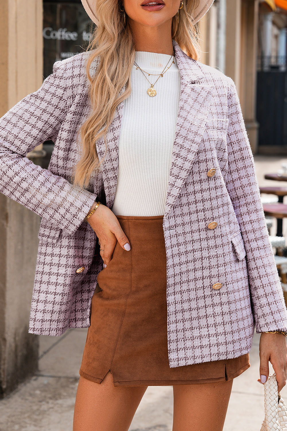 Burgundy Elegant Tweed Plaid Blazer-Outerwear/Blazers-[Adult]-[Female]-2022 Online Blue Zone Planet
