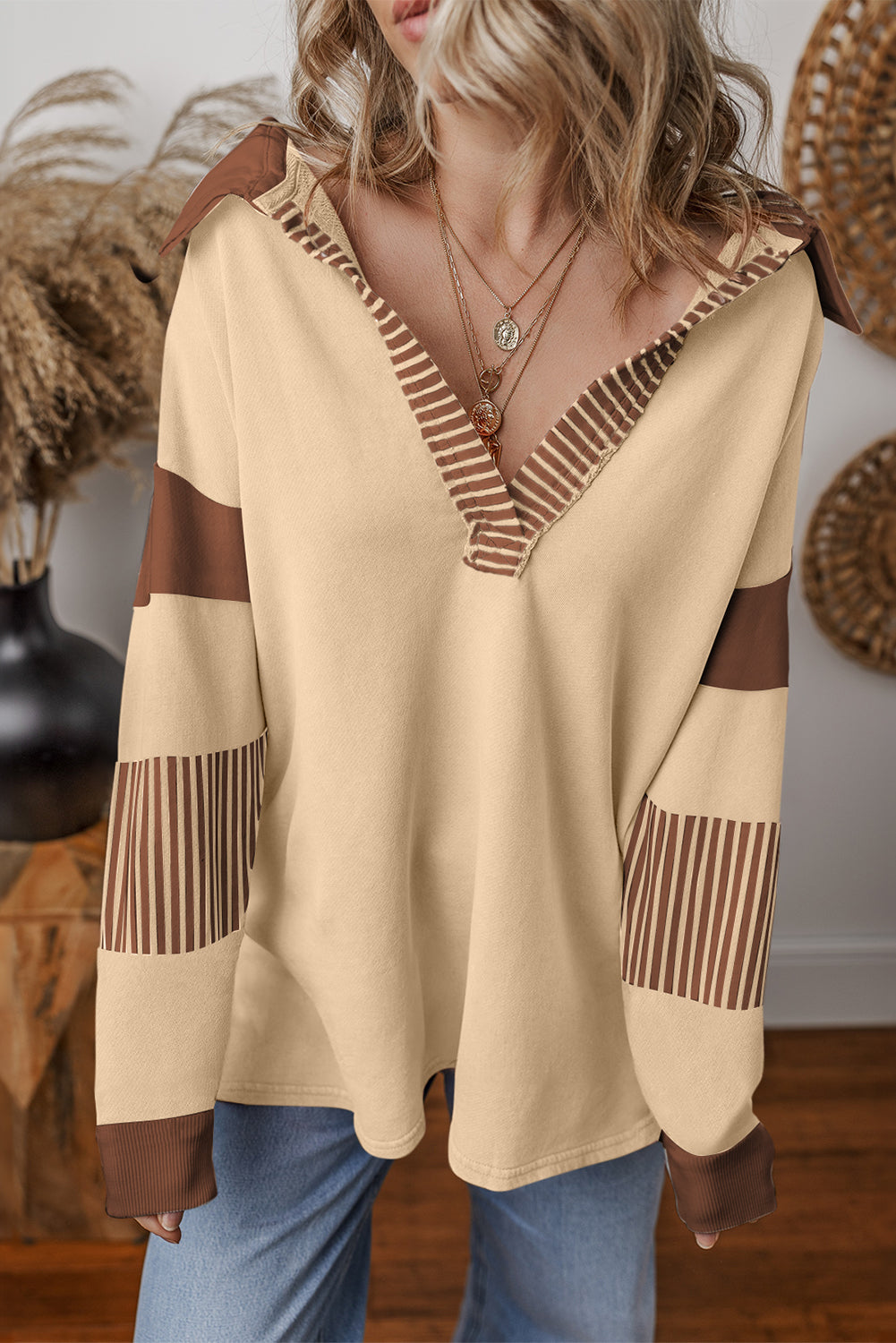 Dark Blue Striped Colorblock Patchwork Collar Sweatshirt-Tops/Sweatshirts & Hoodies-[Adult]-[Female]-Light French Beige-S-2022 Online Blue Zone Planet