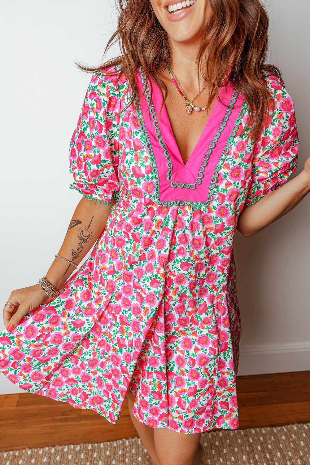Pink Floral Print V Neck Patchwork Short Bubble Sleeve Mini Dress-Dresses/Floral Dresses-[Adult]-[Female]-2022 Online Blue Zone Planet
