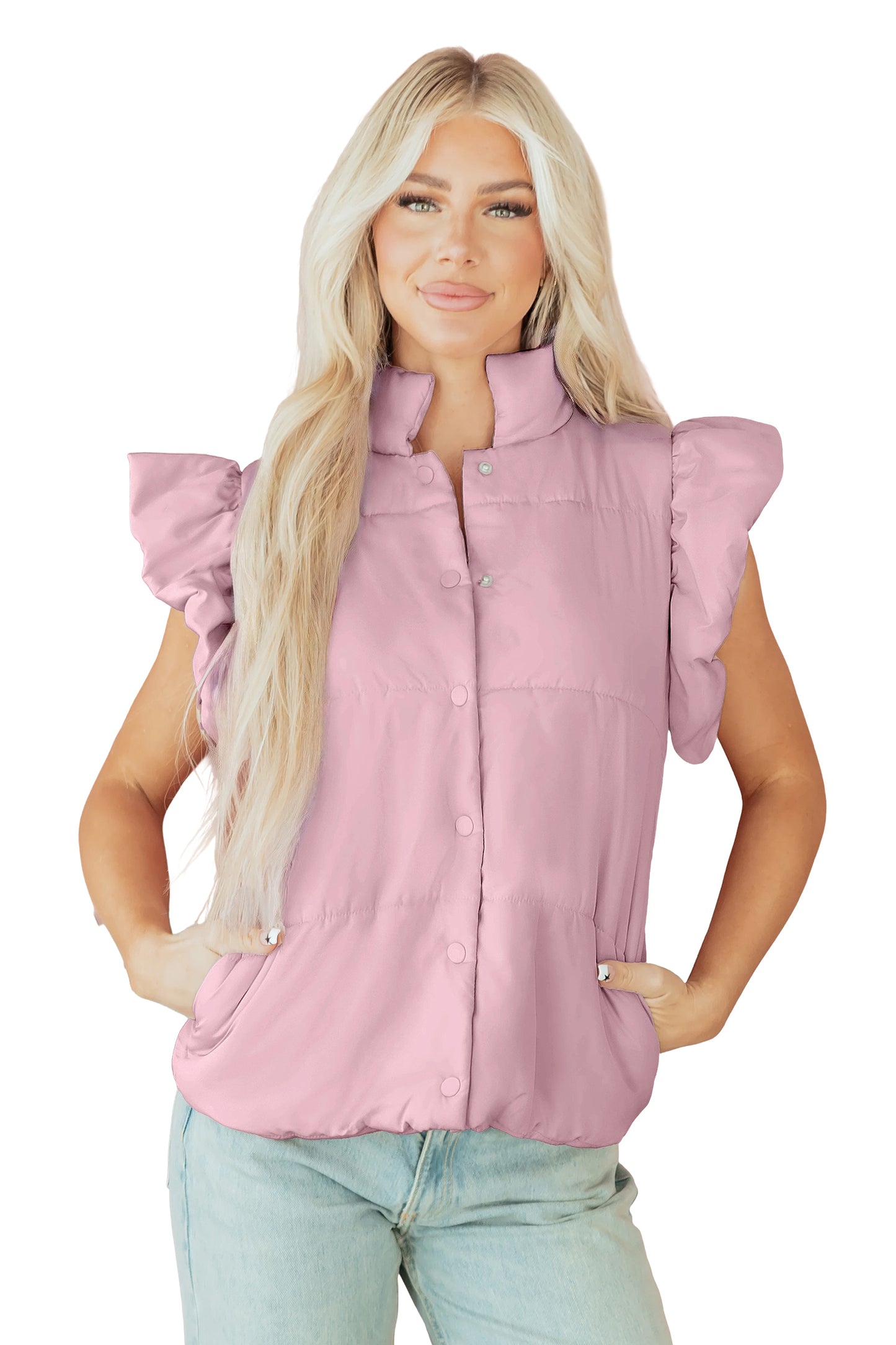 Pink Stand Neck Flutter Sleeve Snap Button Puffer Vest-Outerwear/Vests-[Adult]-[Female]-2022 Online Blue Zone Planet
