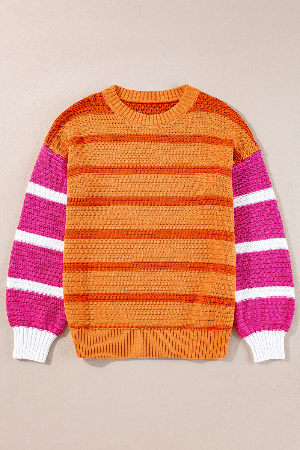 Orange Stripe Colorblock Crew Neck Drop Shoulder Loose Sweater-Sweaters & Cardigans/Sweaters-[Adult]-[Female]-2022 Online Blue Zone Planet