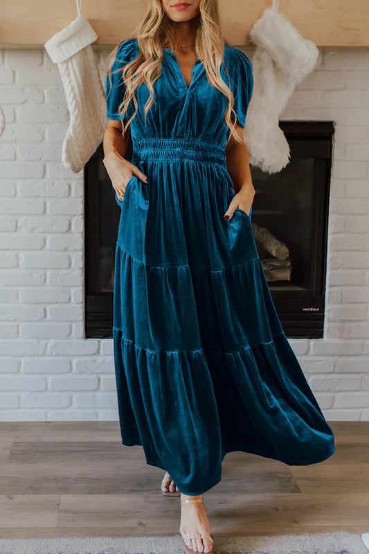 Prussian Blue Velvet Short Sleeve Shirred Waist Tiered Maxi Dress-Dresses/Maxi Dresses-[Adult]-[Female]-Prussian Blue-S-2022 Online Blue Zone Planet