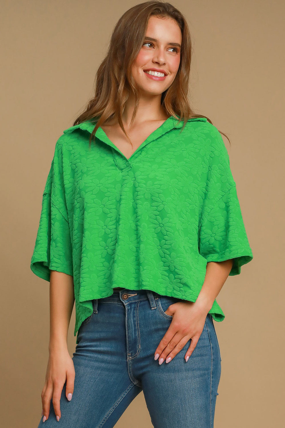 Umgee Floral Johnny Collar Half Sleeve Jacquard Top-TOPS / DRESSES-[Adult]-[Female]-Green-S-2022 Online Blue Zone Planet