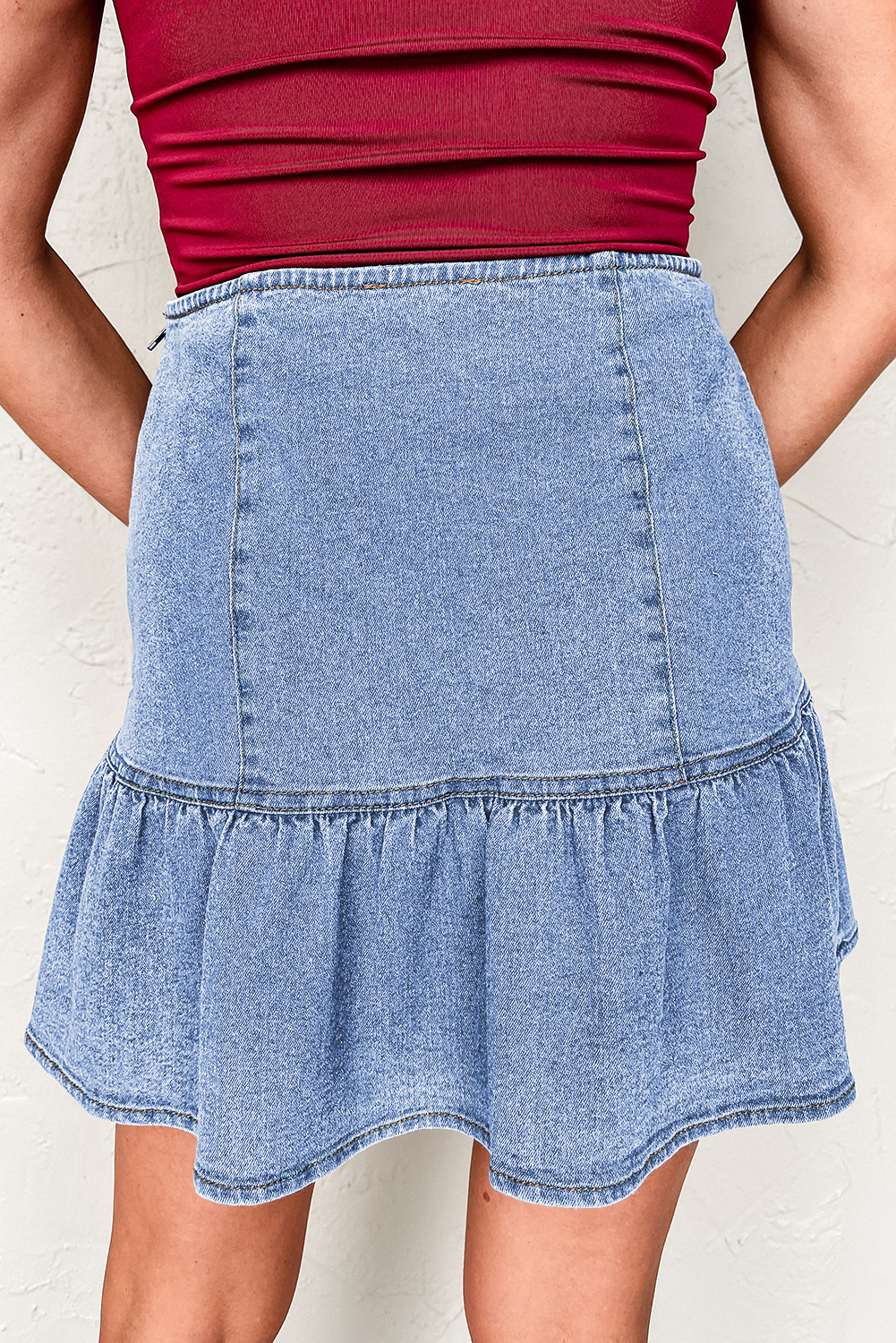 Beau Blue Asymmetric Ruffle Overlay Denim Mini Skirt-Bottoms/Skirts & Petticoat-[Adult]-[Female]-2022 Online Blue Zone Planet