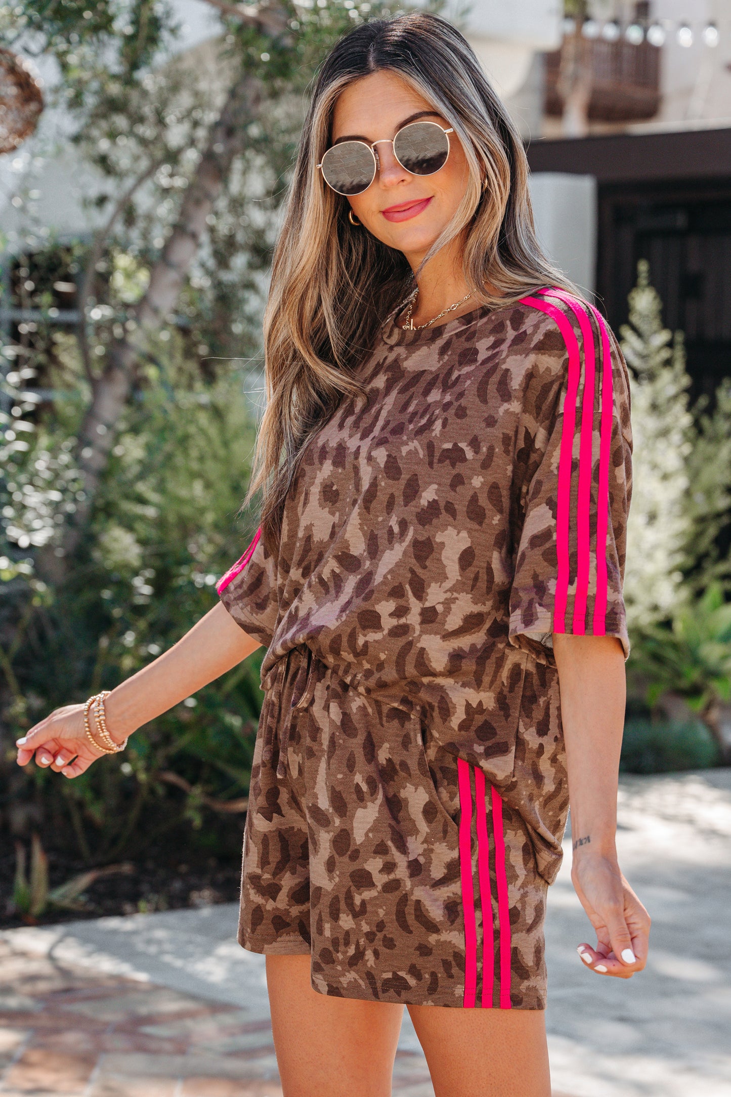 Brown Contrast Striped Accent Leopard Short Set-Two Piece Sets/Short Sets-[Adult]-[Female]-2022 Online Blue Zone Planet